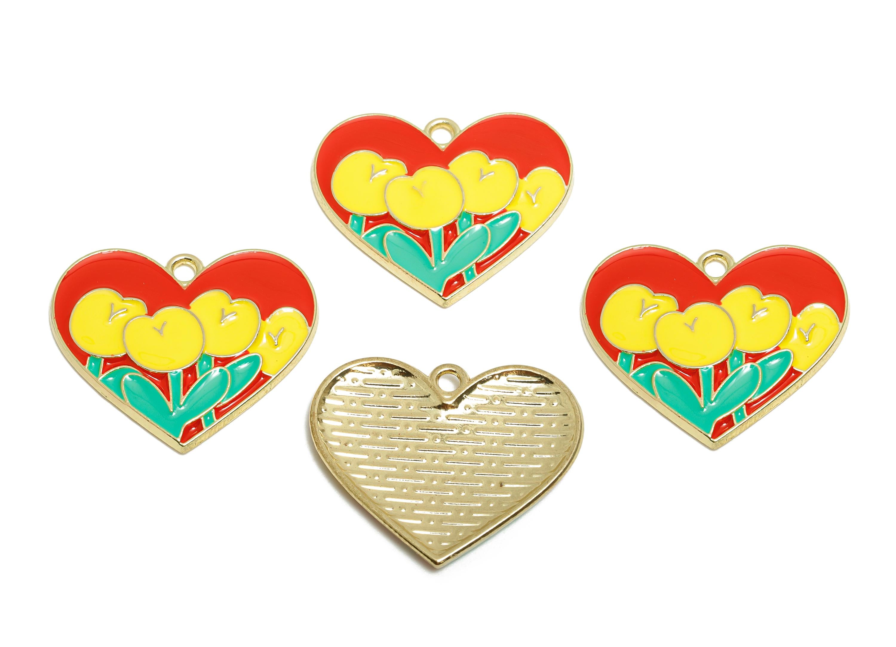 Alloy Enamel Flower Pendant - Colorful Heart Tulip Jewelry Design - Multicolor Enamel Component - DIY Craft Making - 25x21x2mm - AC3549 - DOMEDBAZAAR