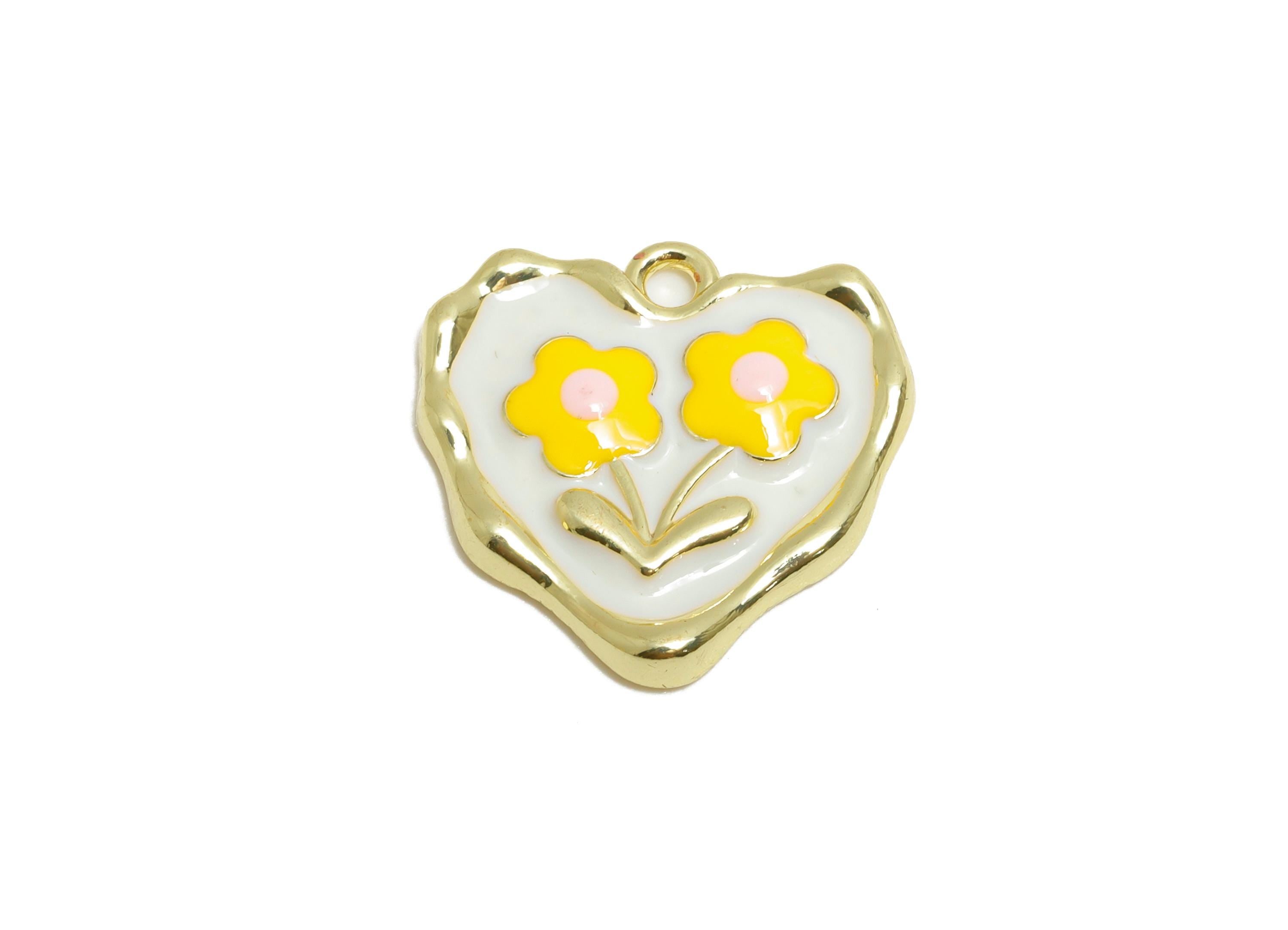 Alloy Enamel Flower Pendant - Yellow Daisy Heart Charm - Romantic Heart Floral Pendant - Craft Jewelry Making - 17.9x17.93x2.72mm - AC3560