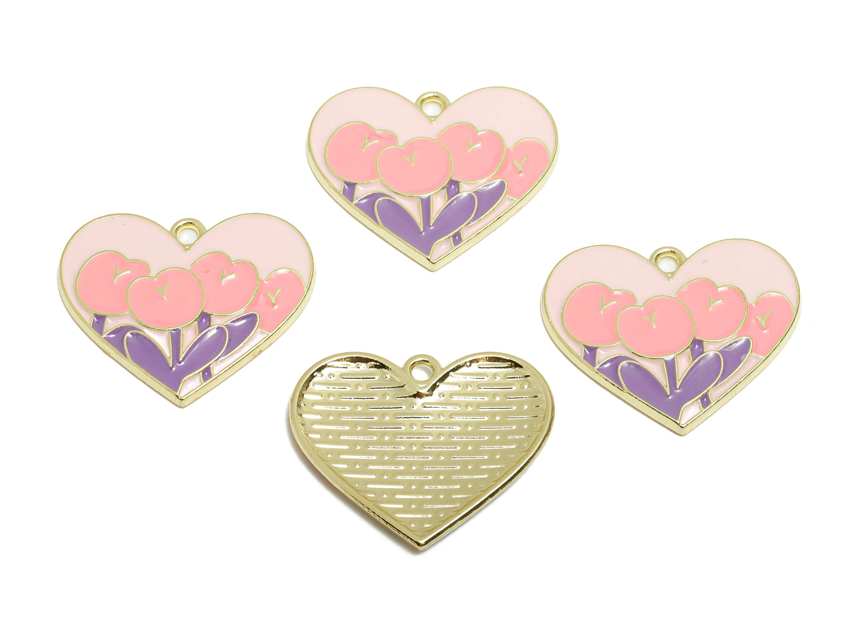 Alloy Enamel Flower Pendant - Colorful Heart Pink Tulip Jewelry Design - Multicolor Enamel Component - DIY Craft Making - 25x21x2mm - AC3548 - DOMEDBAZAAR