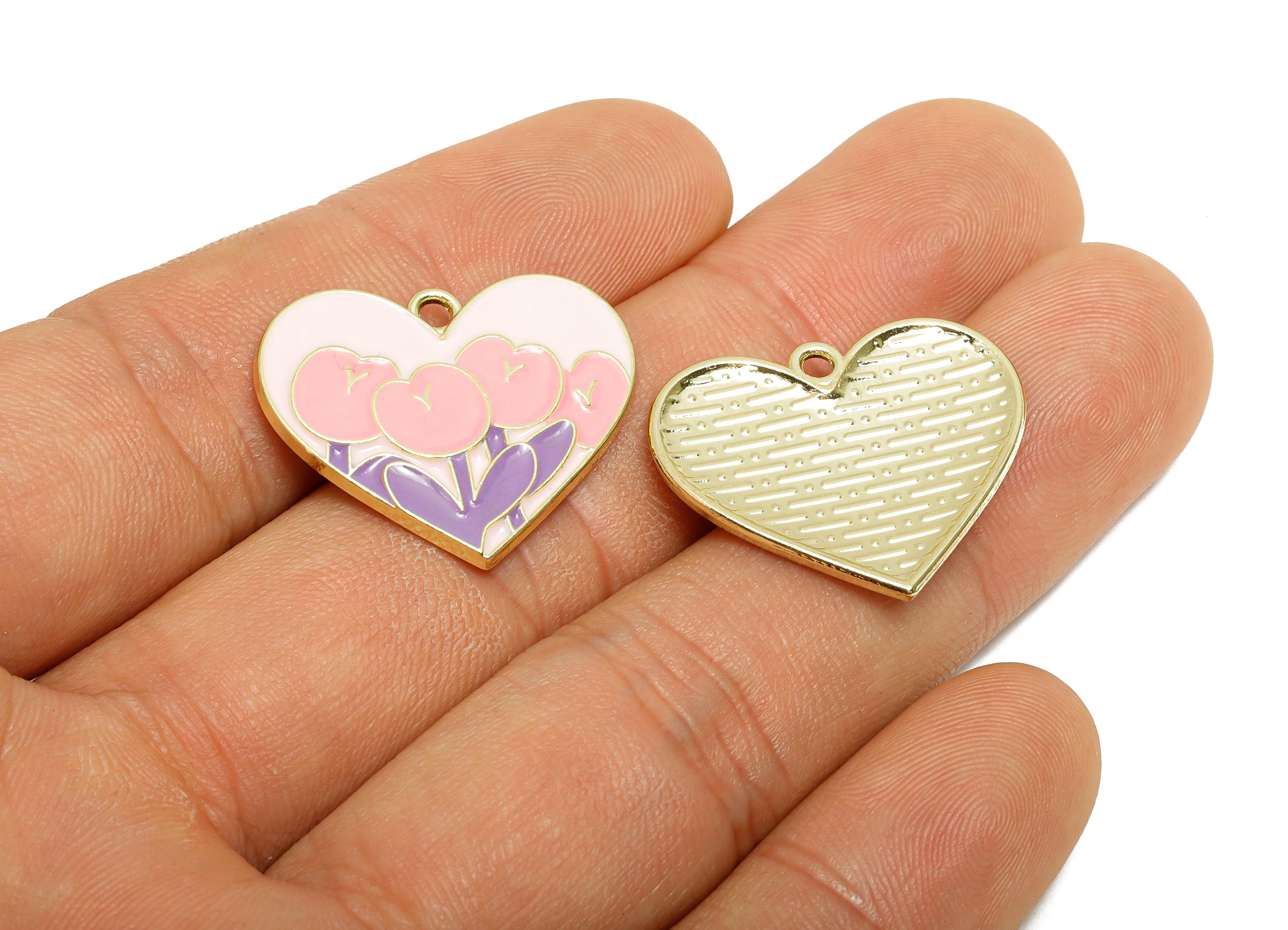 Alloy Enamel Flower Pendant - Colorful Heart Pink Tulip Jewelry Design - Multicolor Enamel Component - DIY Craft Making - 25x21x2mm - AC3548 - DOMEDBAZAAR