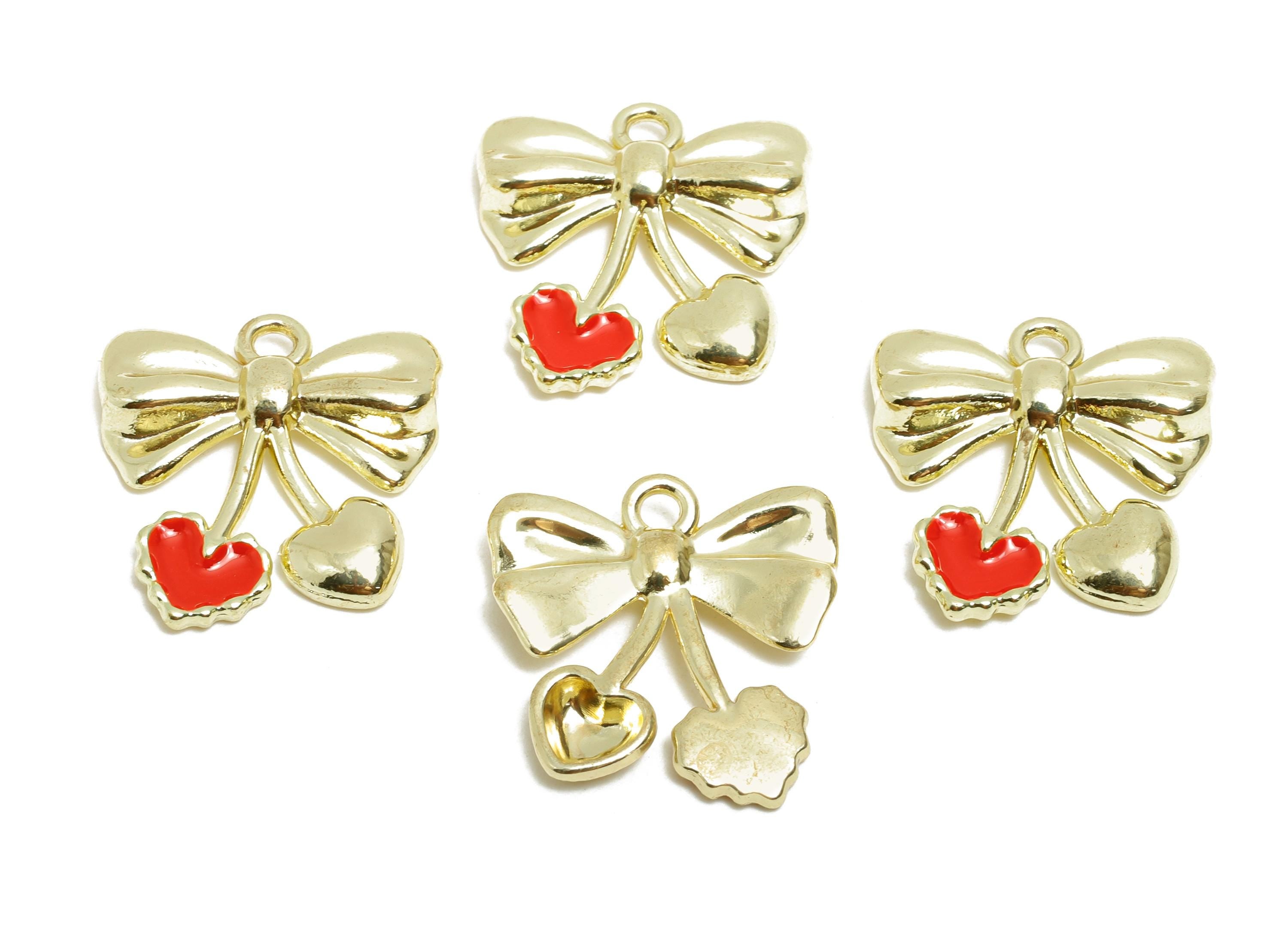 Alloy Enamel Red Bow Heart Charm - Red Enamel Heart Charm -Cute Valentine Butterfly Bow For Necklace - DIY Craft Making - 19x21x2mm - AC3550 - DOMEDBAZAAR