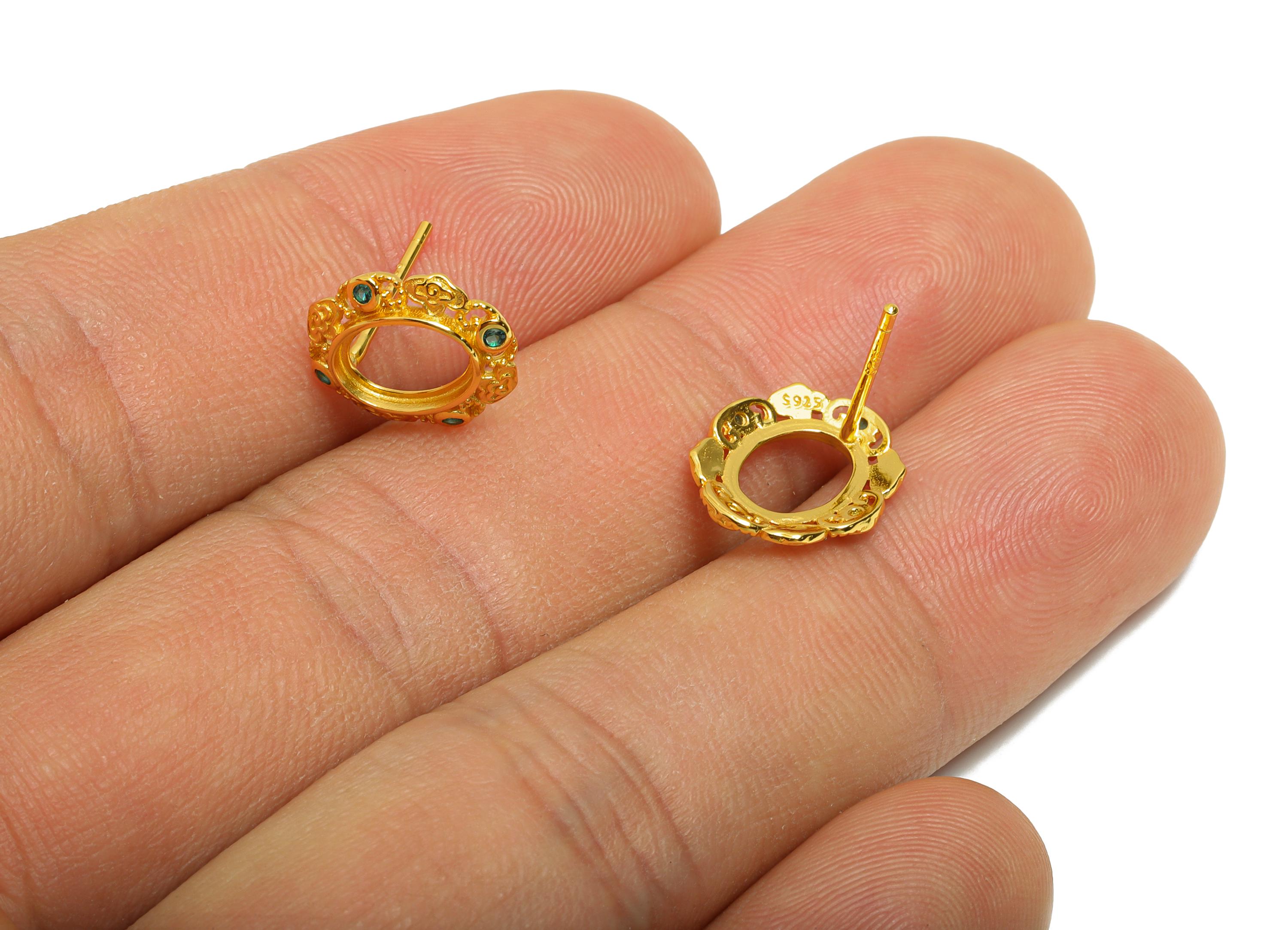 6*8mm Oval Earring Setting Post - 925 Sterling Silver Earring Stud - Vintage Geometric Earring Post for Diamond - 18K Gold Plated - SI1050 - DOMEDBAZAAR