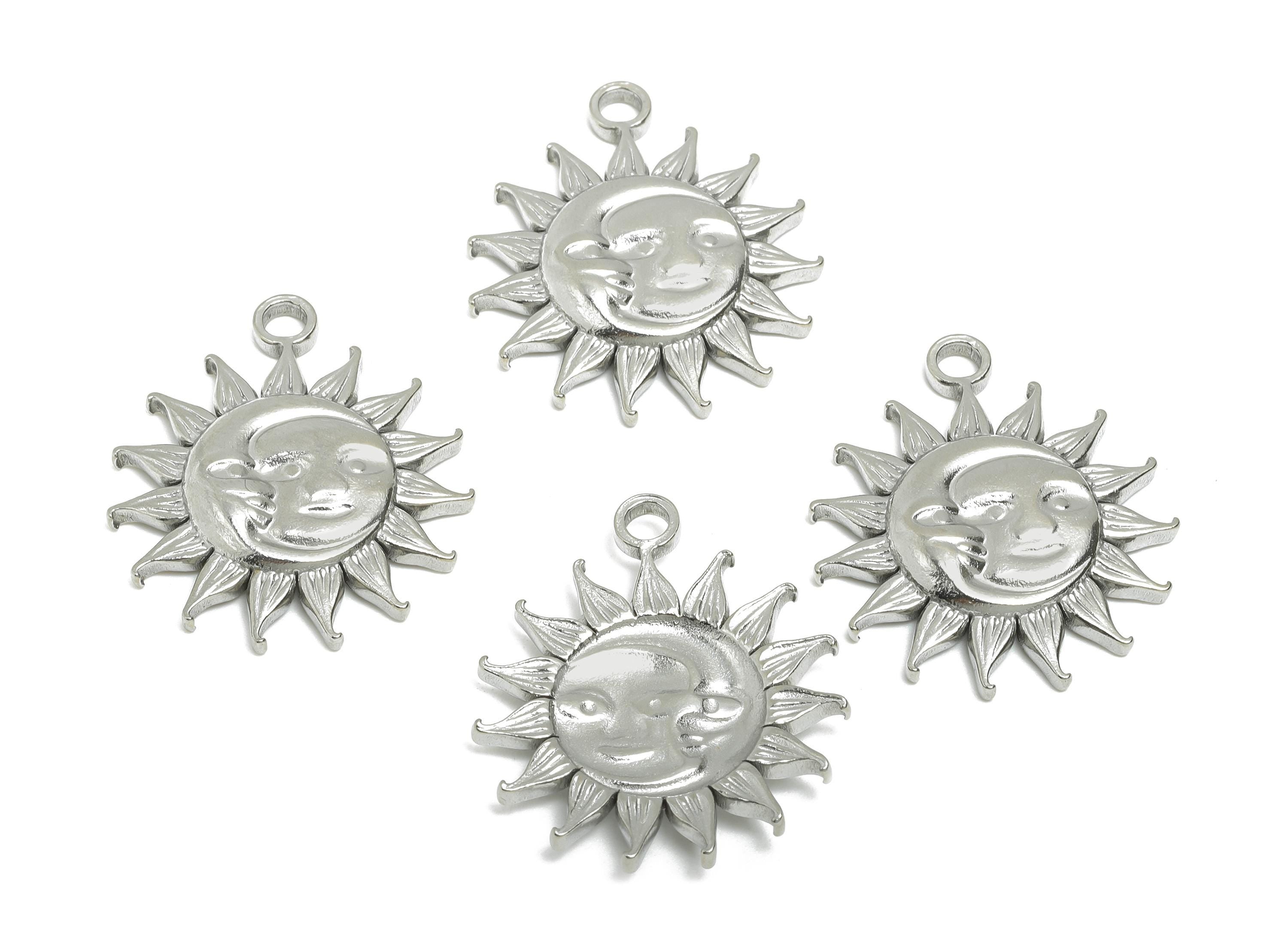 Steel Sun Moon Face Pendant - Radiant Sun Charm for Necklace - Vintage Solar Energy Symbol Charm - Steel Jewelry - 29.5x25.4x3.6mm - SS2354 - DOMEDBAZAAR