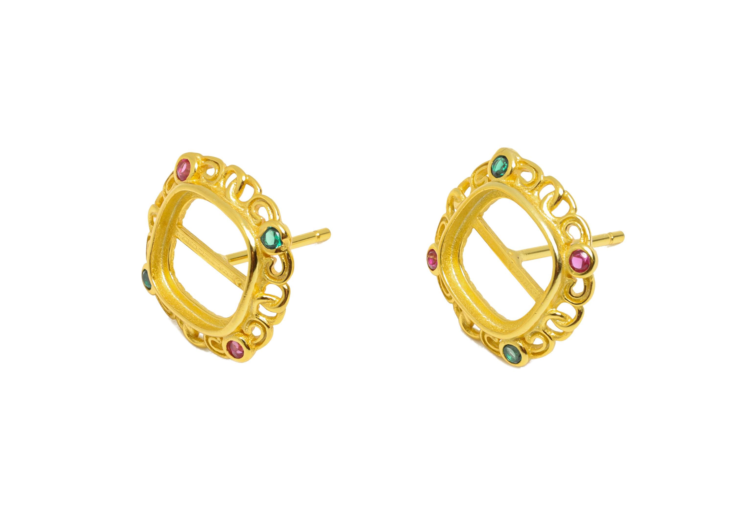 8*8mm Square Earring Setting - 925 Sterling Silver Stud with Zircon - Ornate Geometric Earring Post for Diamond - 18K Gold Plated - SI1060 - DOMEDBAZAAR