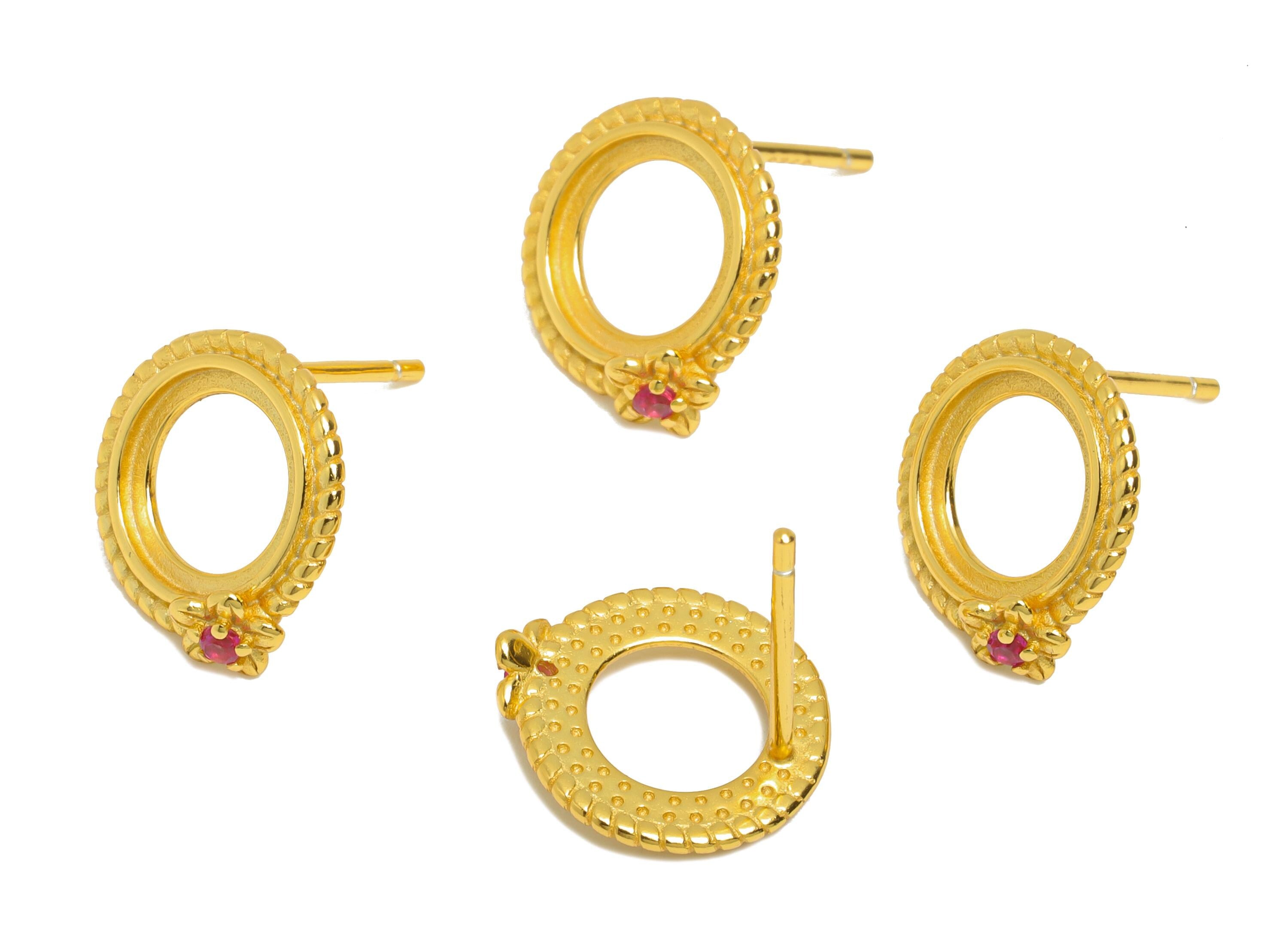 8mm Round Earring Setting - 925 Sterling Silver Post with Zircon - Vintage Cabochon Mount Earring for Gem - 18K Real Gold Plated - SI1061 - DOMEDBAZAAR