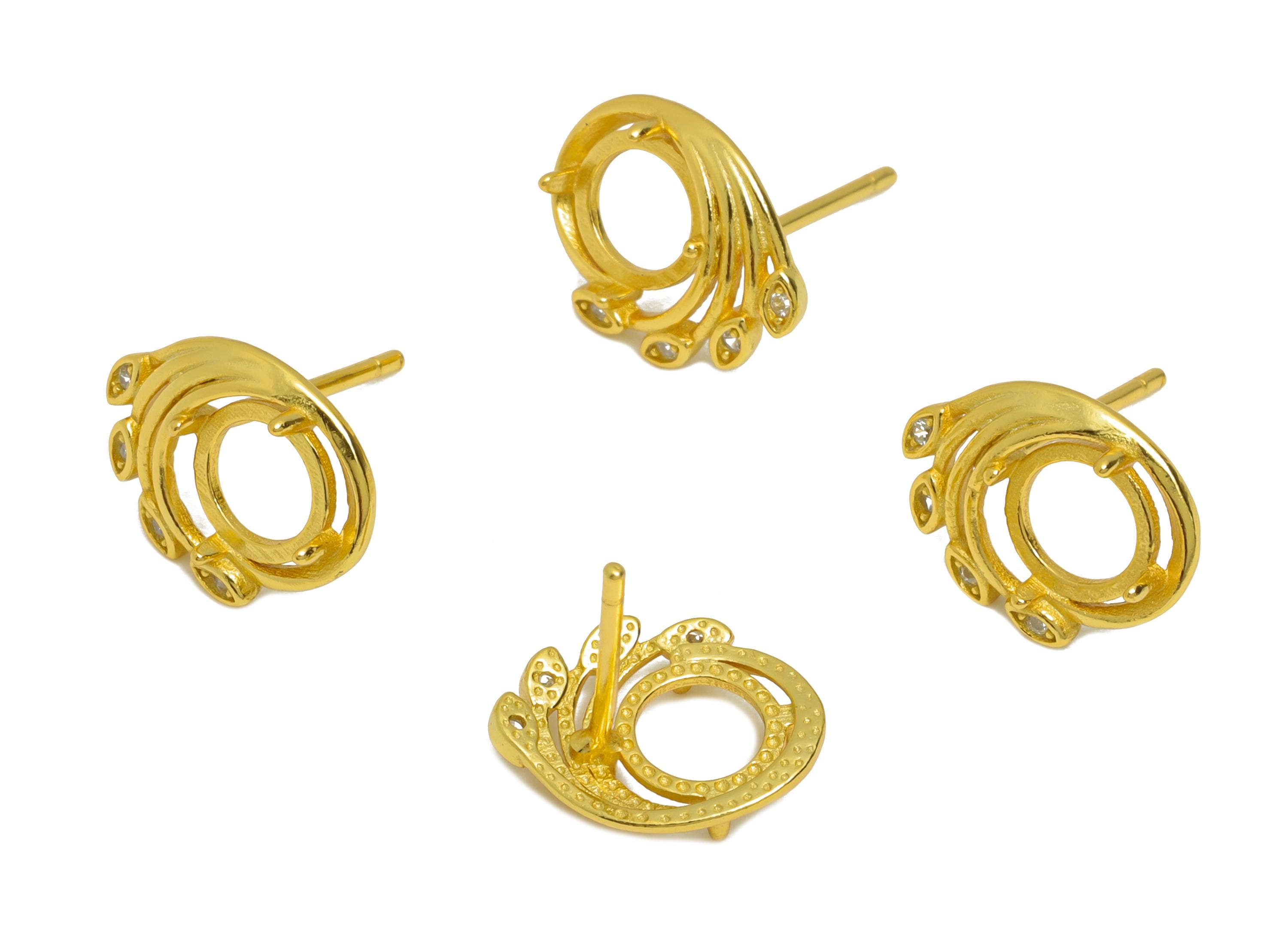 5mm Round Earring Setting - 925 Sterling Silver Swirl Post with Zircon - Cabochon Mount Earring - 18K Real Gold Plated - 12x10x2.8mm -SI1056 - DOMEDBAZAAR