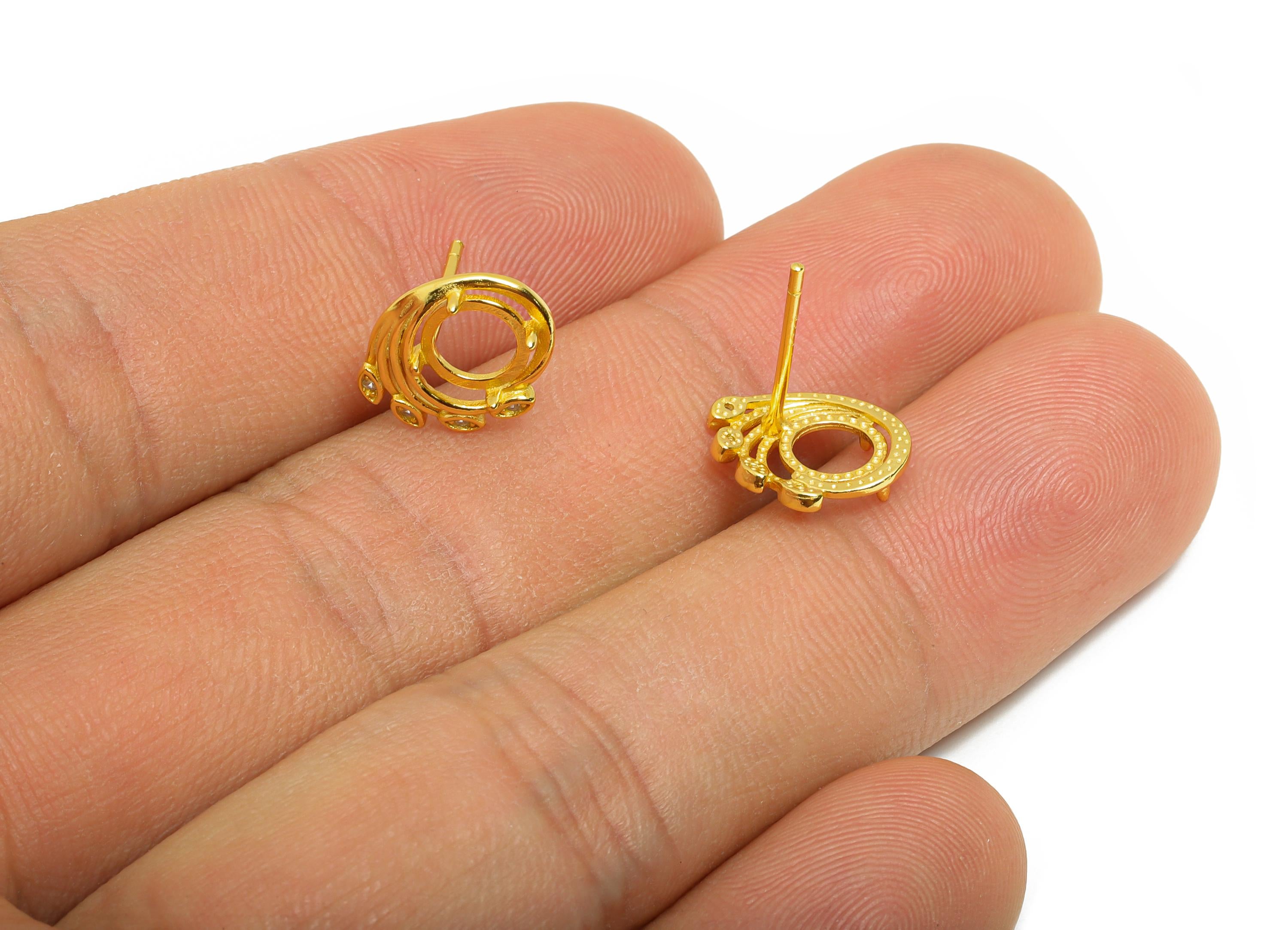 5mm Round Earring Setting - 925 Sterling Silver Swirl Post with Zircon - Cabochon Mount Earring - 18K Real Gold Plated - 12x10x2.8mm -SI1056 - DOMEDBAZAAR