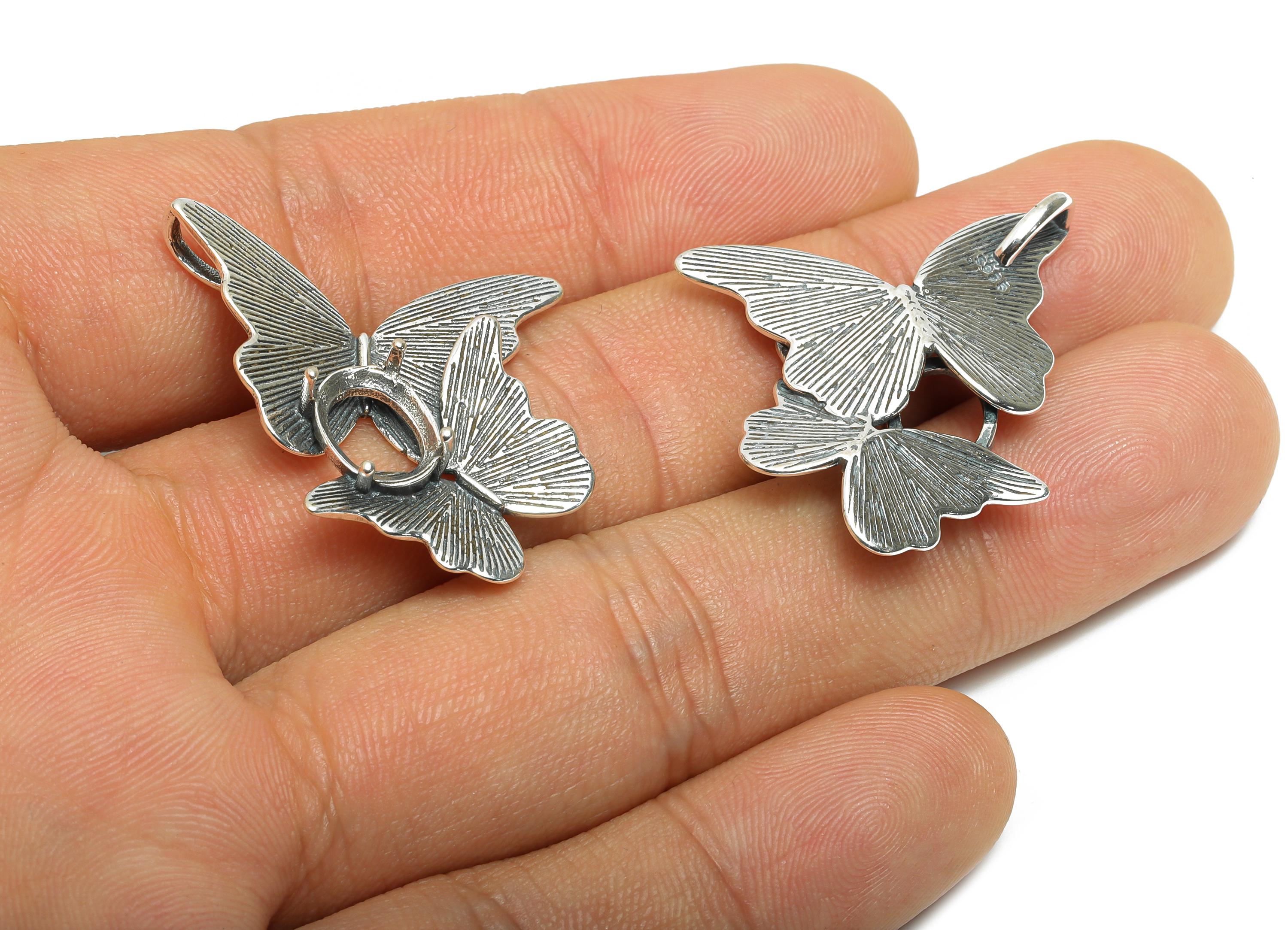 8*10mm Oval Cabochon Pendant Setting - Double Butterfly Pendant Blank - Refined Necklace Pendant Setting - 925 Sterling Silver - SI1025 - DOMEDBAZAAR