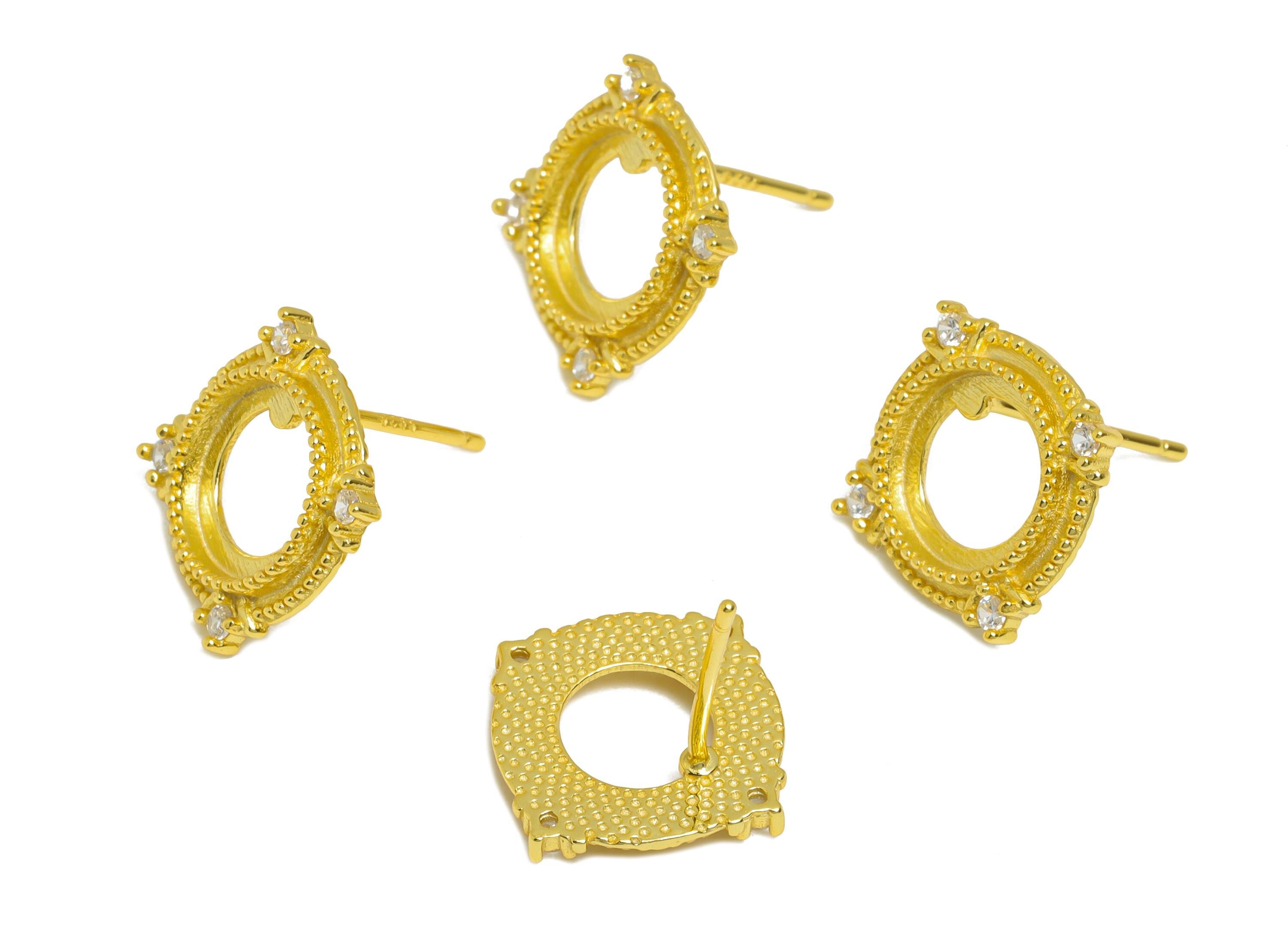 8mm Earring Setting Post - 925 Sterling Silver Zircon Earring Stud - Cabochon Earring Setting - DIY Earring - 18K Real Gold Plated - SI1086 - DOMEDBAZAAR