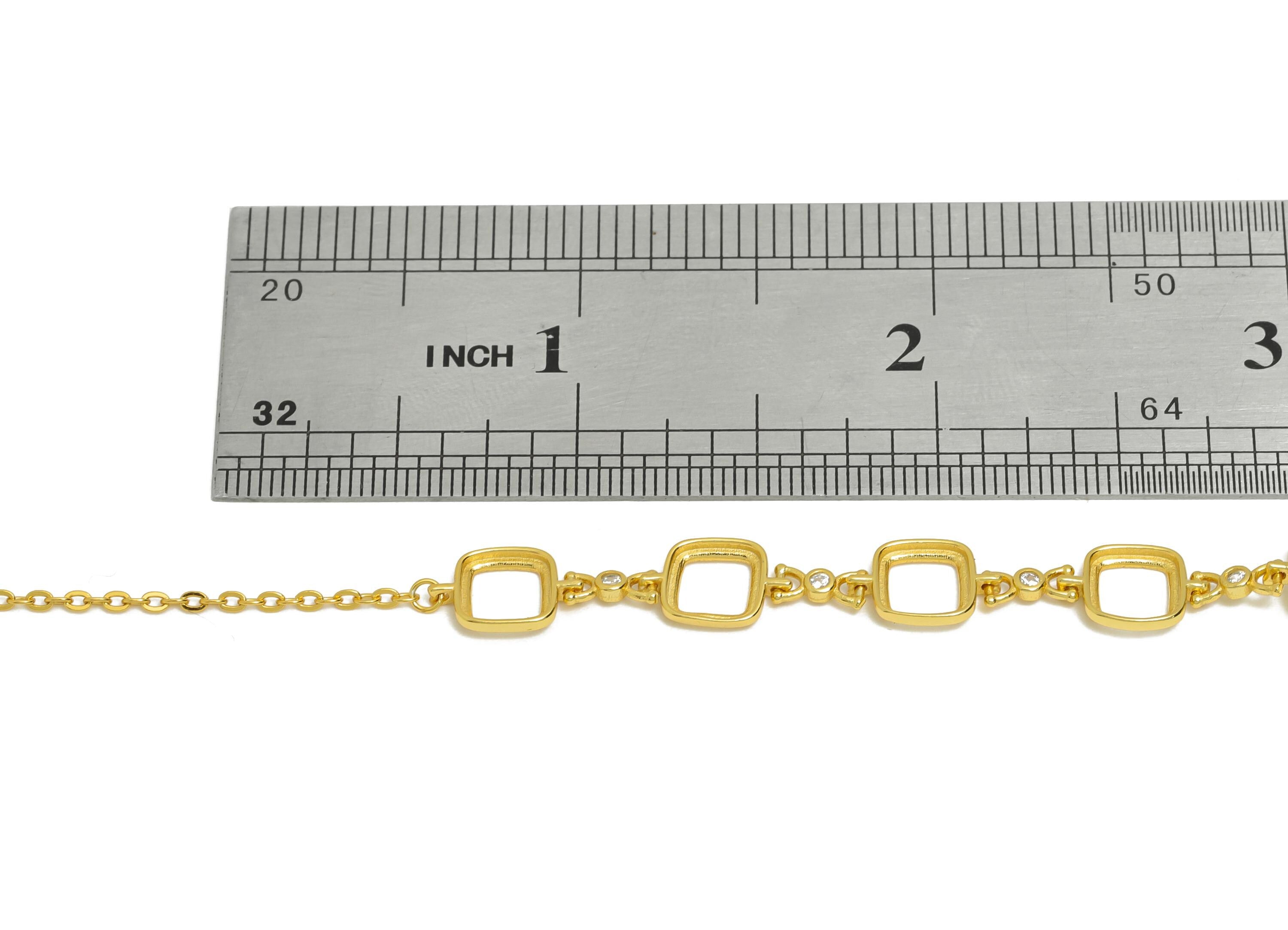 6mm Square Cabochon Link Bracelet - 20+4cm Adjustable Chain Bracelet Setting - 925 Sterling Silver CZ Bracelet - 18K Gold Plated - SI1049 - DOMEDBAZAAR