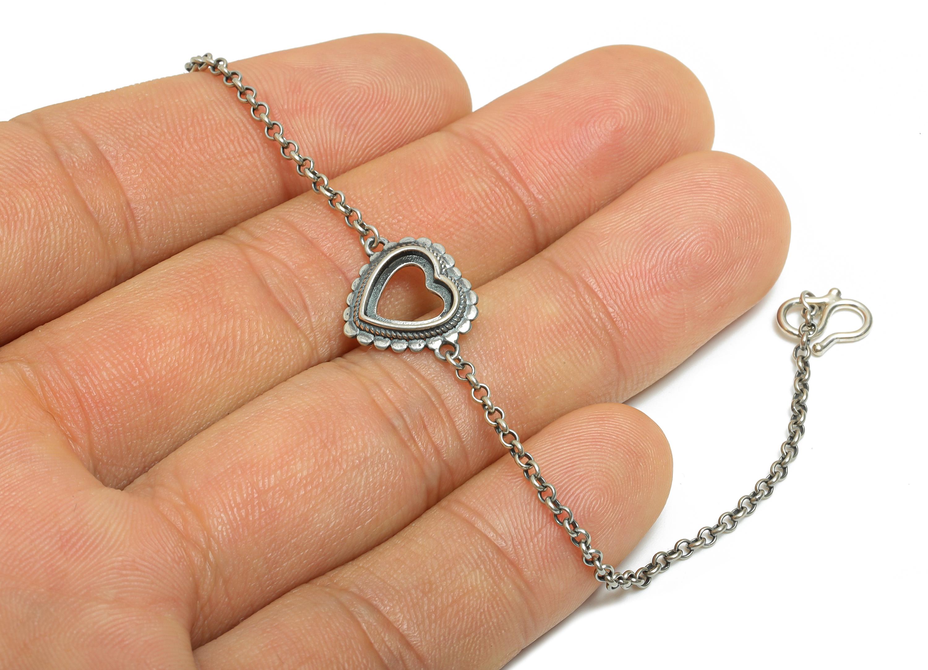 10mm Heart Cabochon Link Bracelet - 20+4cm Adjustable Chain Bracelet Setting - Vintage 925 Sterling Silver Rhodium Plating Bracelet - SI1032 - DOMEDBAZAAR