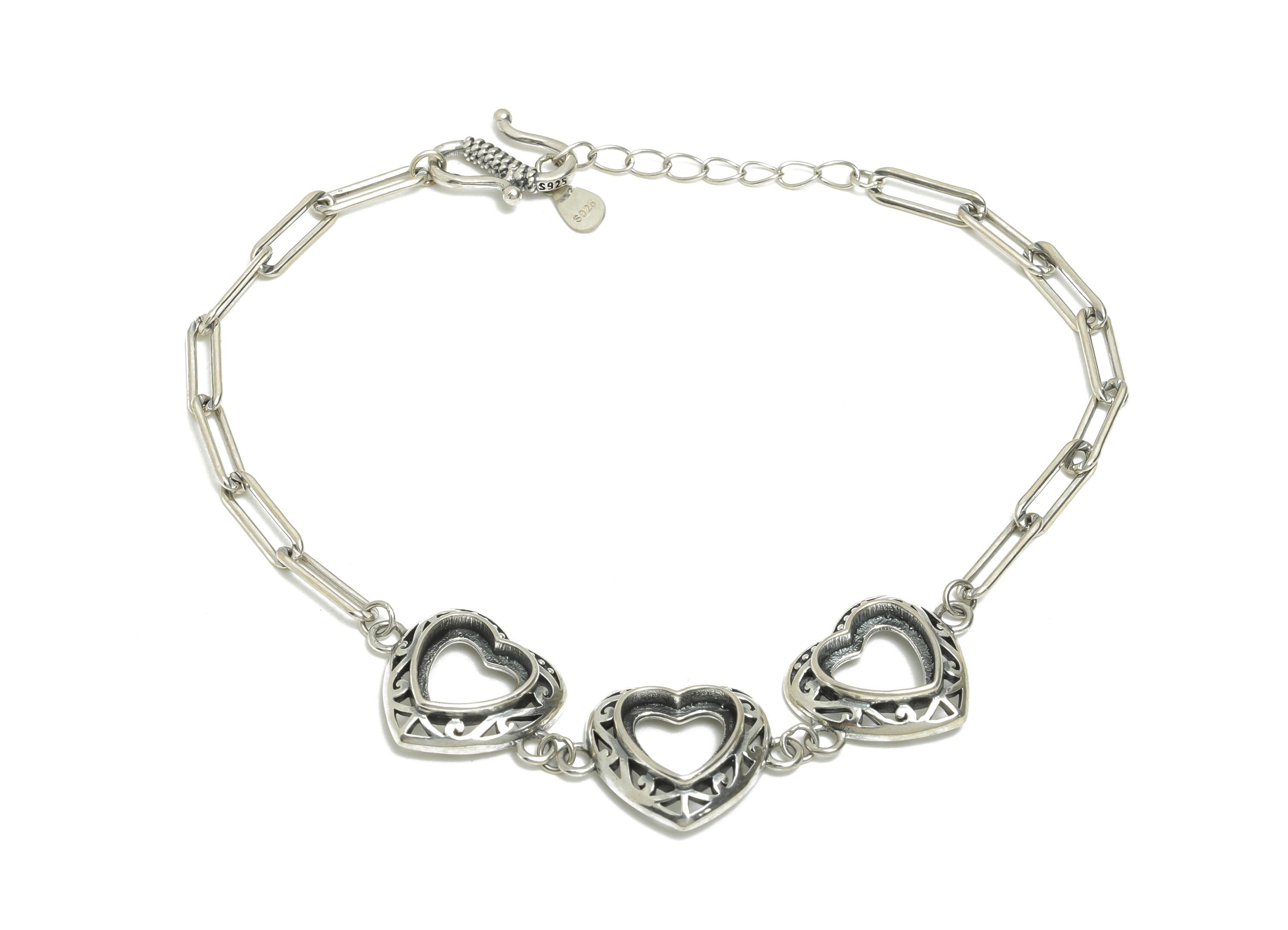 9mm Heart Bracelet Setting - 20+4cm Adjustable Boho Heart Chain Bracelet - 925 Sterling Silver - Dainty Rhodium Plating Bracelet - SI1033 - DOMEDBAZAAR