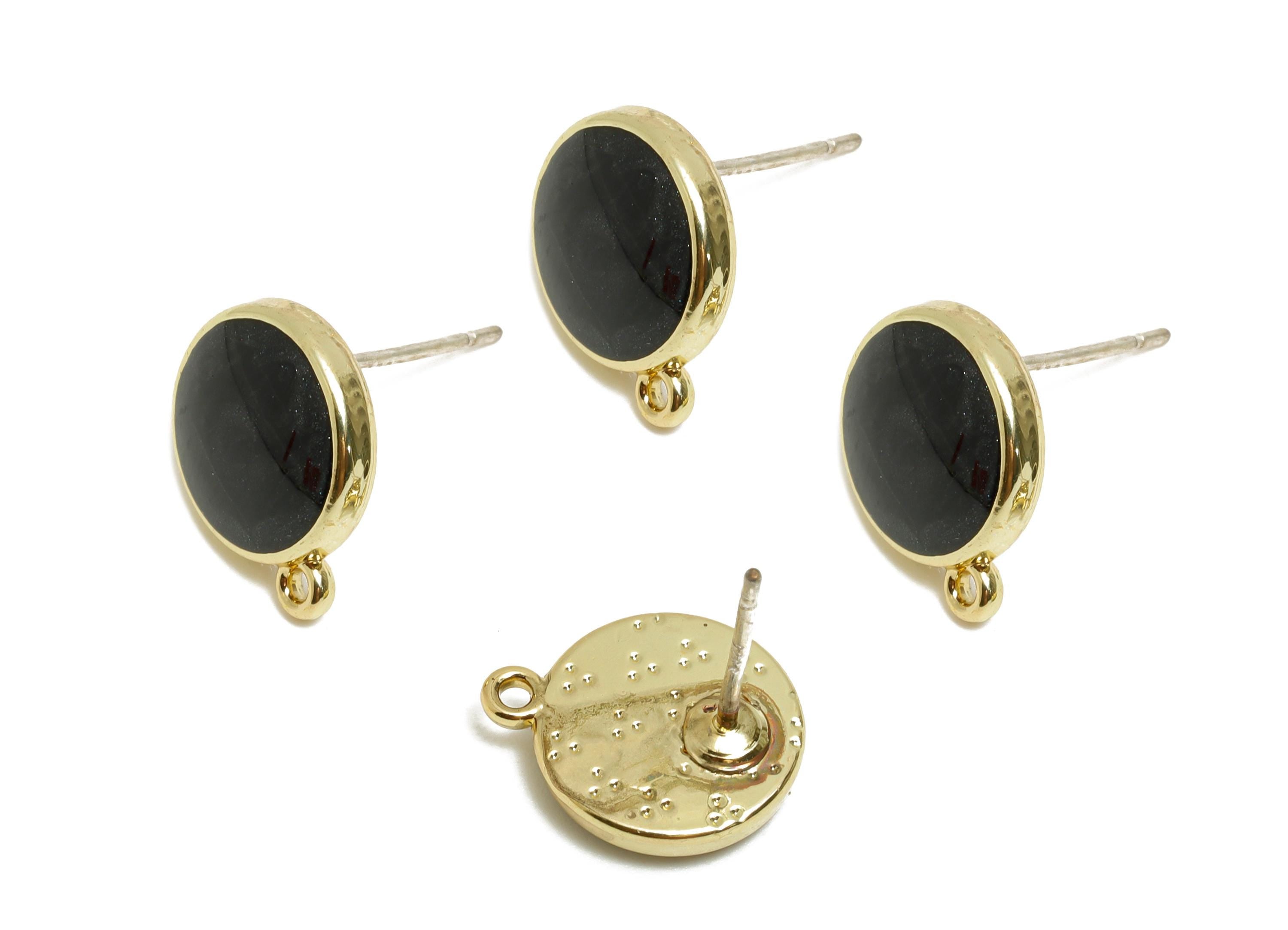 Alloy Enamel Earring Studs - Modern Black Round Psot with Loop - Minimalist Stud Earring Base - KC Gold Tone Plated - 12.5x10x3mm - AC3556 - DOMEDBAZAAR