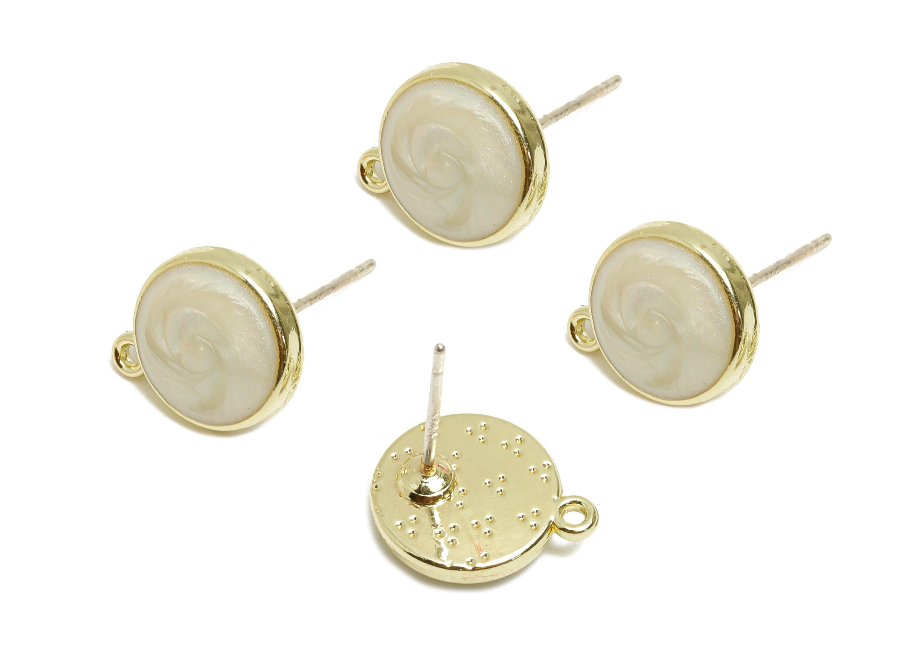 Alloy Enamel Earring Studs - Elegant White Round Earring Connector - DIY Jewelry Earring Base - KC Gold Tone Plated - 12.5x10x3mm - AC3557
