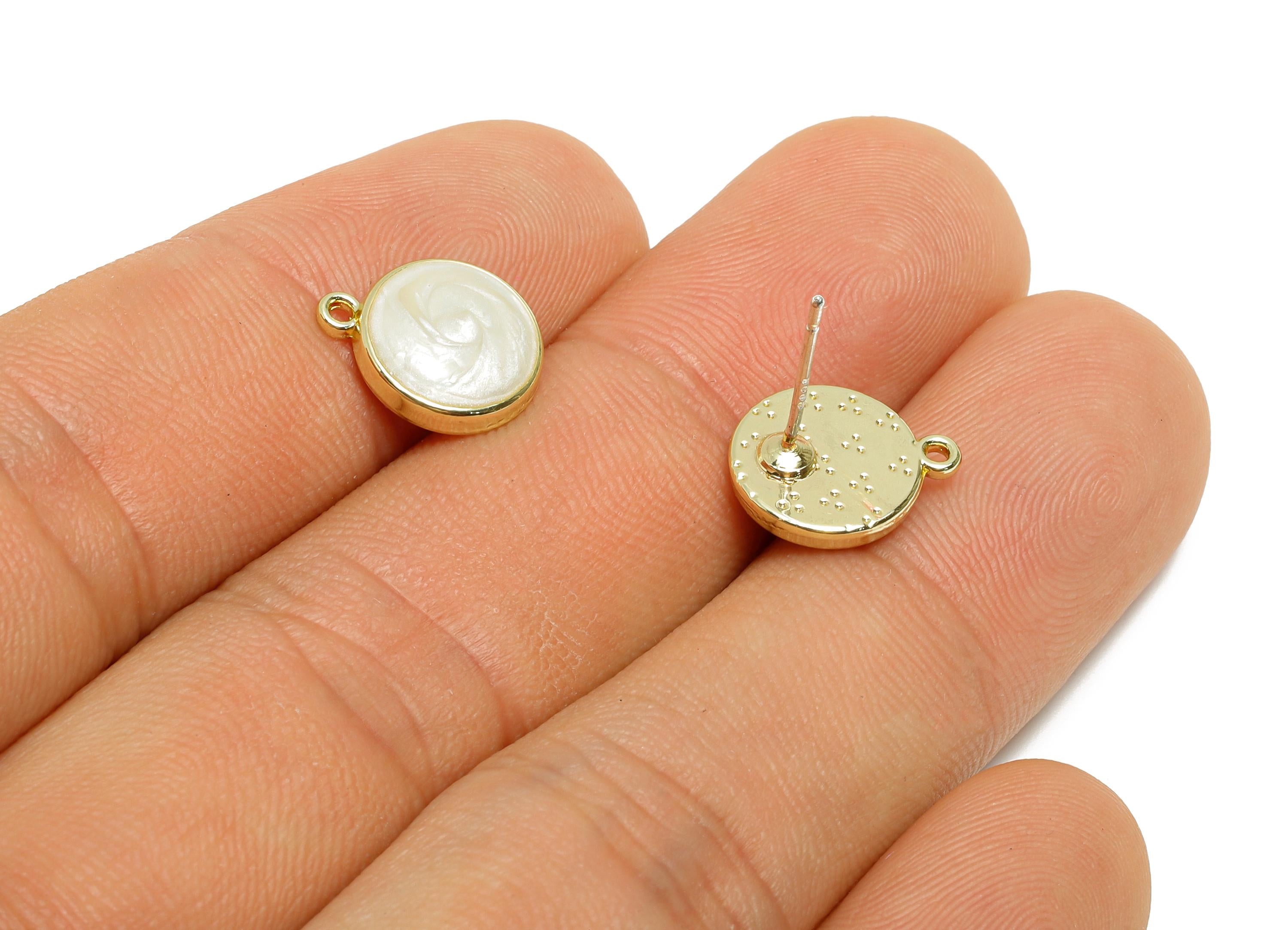 Alloy Enamel Earring Studs - Elegant White Round Earring Connector - DIY Jewelry Earring Base - KC Gold Tone Plated - 12.5x10x3mm - AC3557