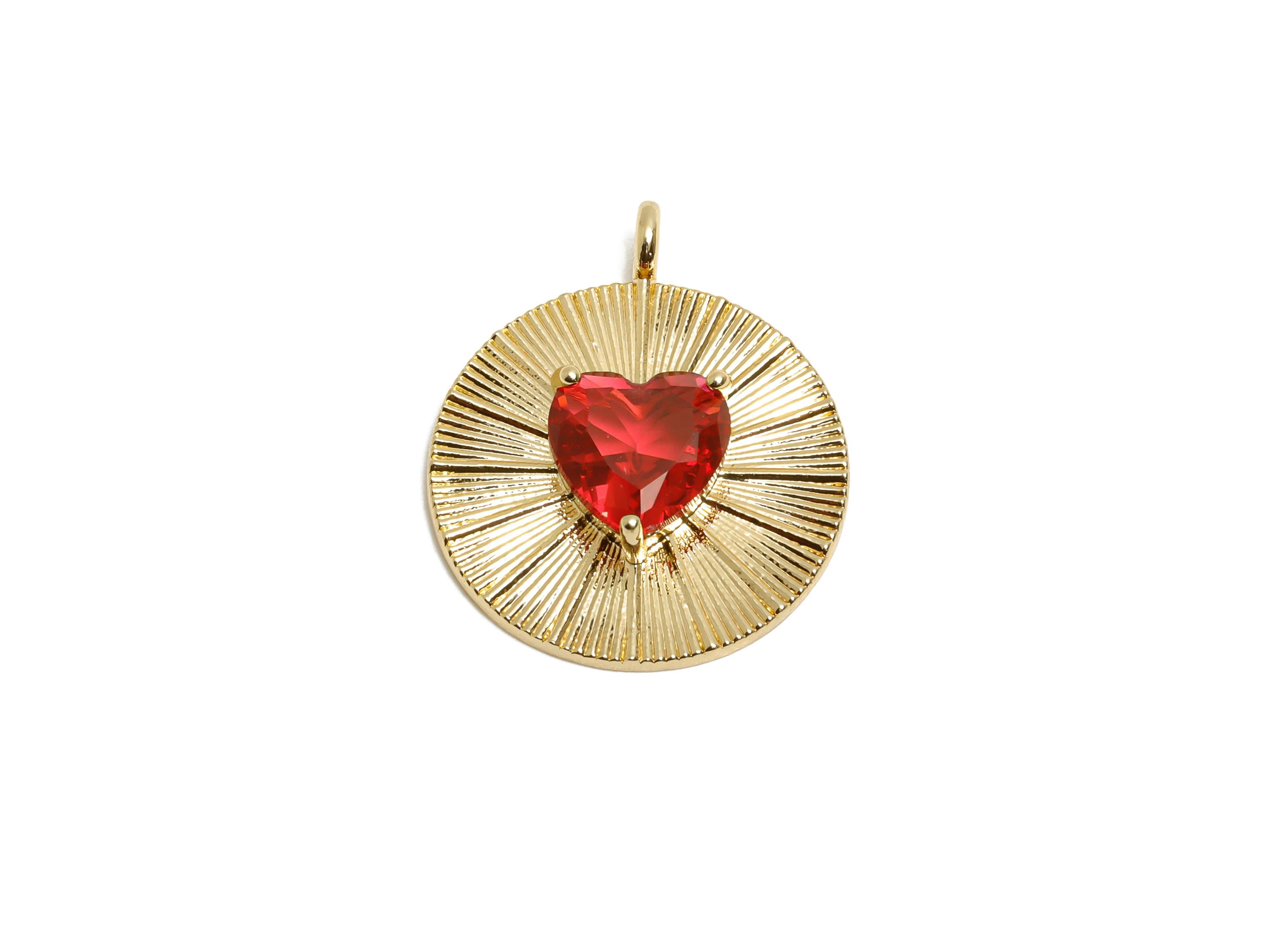 Brass Heart Round Pendant - Zircon Geometry Textured Metal Pendant - Valentine's Day Jewelry - KC Gold Tone Plating - 22x18x5.28mm - AC3443 - DOMEDBAZAAR