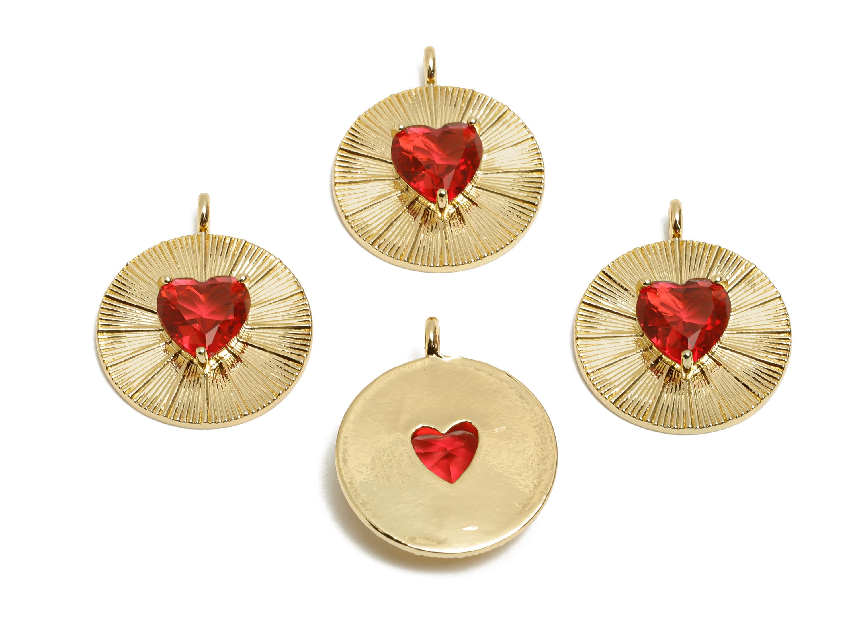 Brass Heart Round Pendant - Zircon Geometry Textured Metal Pendant - Valentine's Day Jewelry - KC Gold Tone Plating - 22x18x5.28mm - AC3443 - DOMEDBAZAAR