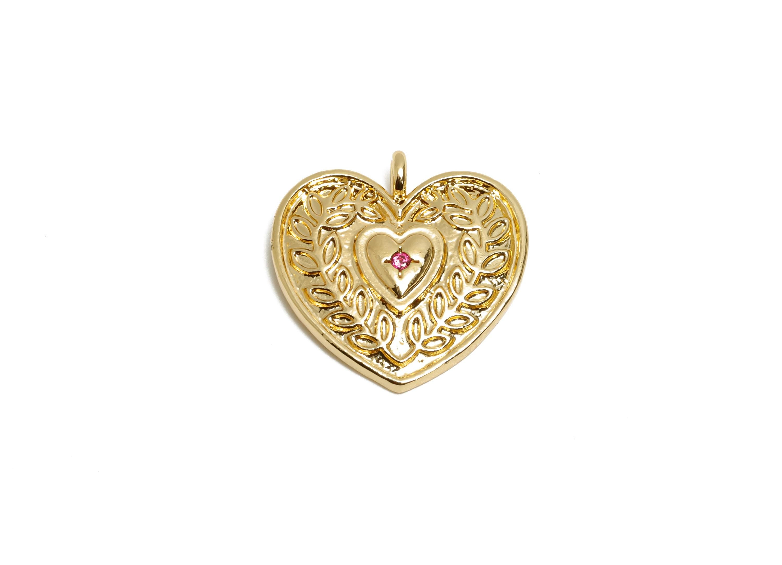 Brass CZ Vintage Heart Pendant - Zircon Floral Pattern Jewelry Charm - Valentine's Day Jewelry - KC Gold Tone Plating - 17.9x17x2mm - AC3434 - DOMEDBAZAAR