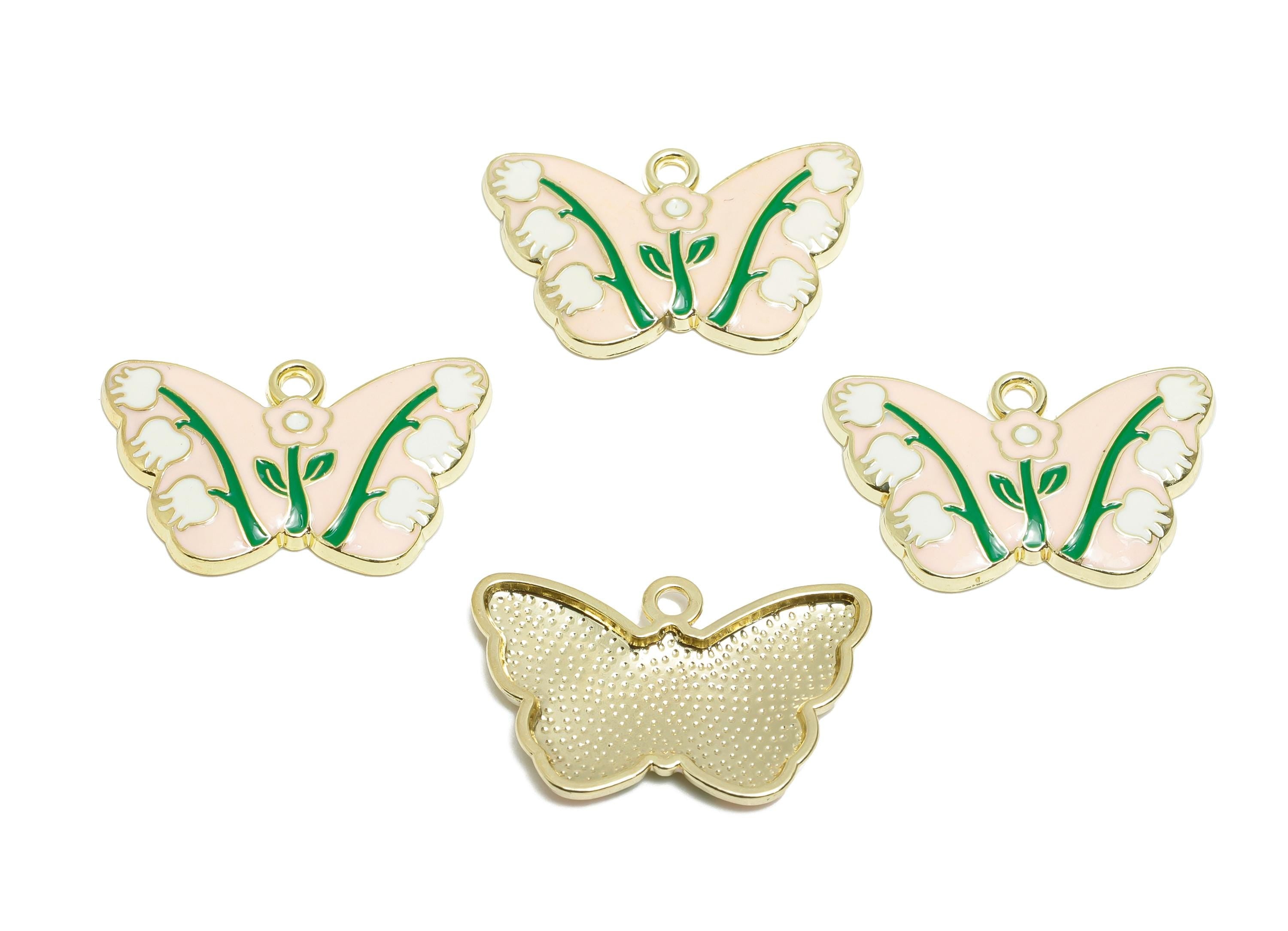 Alloy Enamel Butterfly Pendant - Colorful Insect Flower Necklace Pendant - Fun Pink Winged Jewelry - KC Gold Plated - 27.7x18x2.5mm - AC3449
