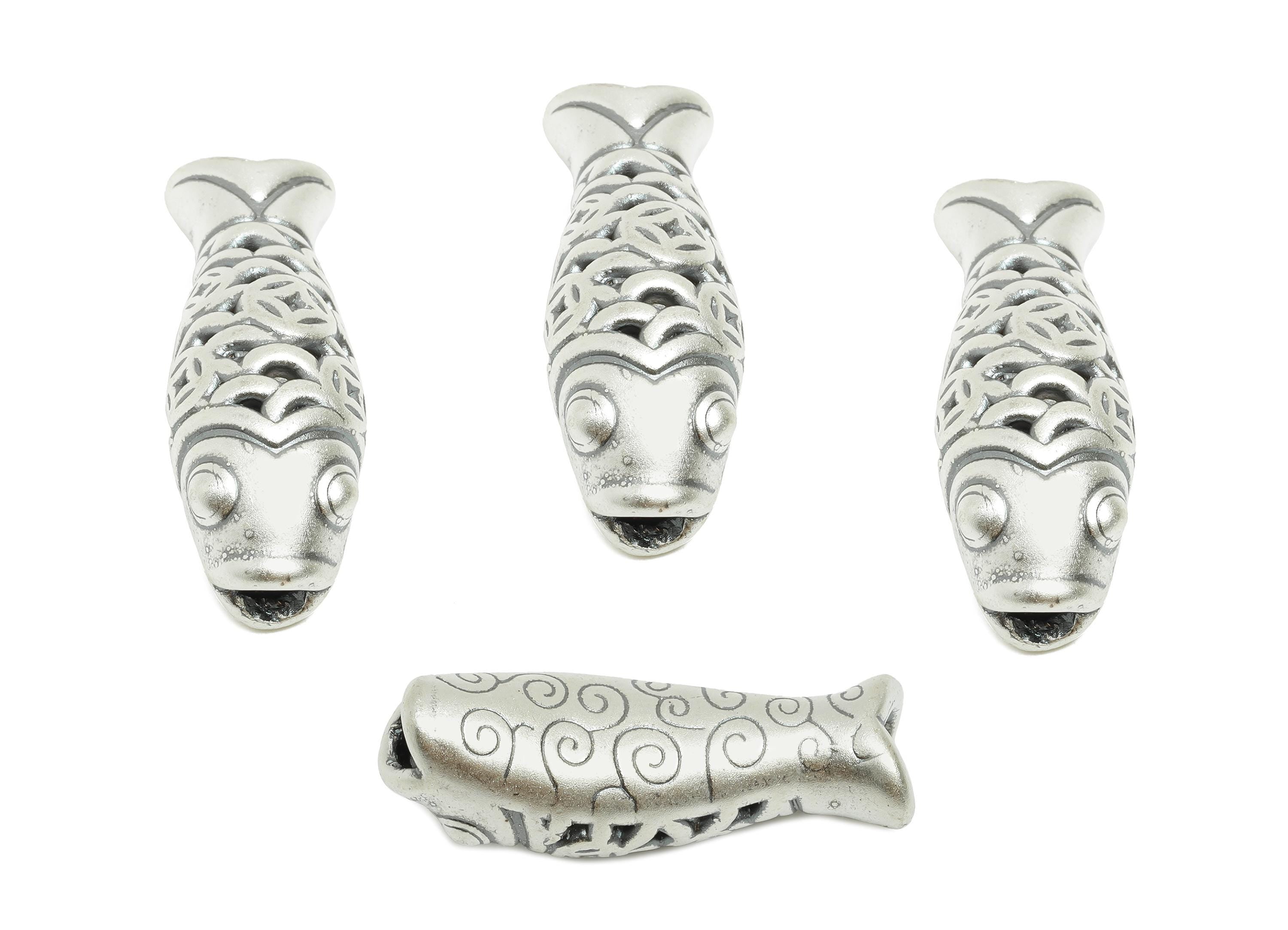 Silver Fish Bead - Filigree Fish Bead for Bracelets - Lucky Fish Jewelry Bead - Bracelet Bead Spacer - Pure Silver 999 - 28x10x9mm - SI1144 - DOMEDBAZAAR