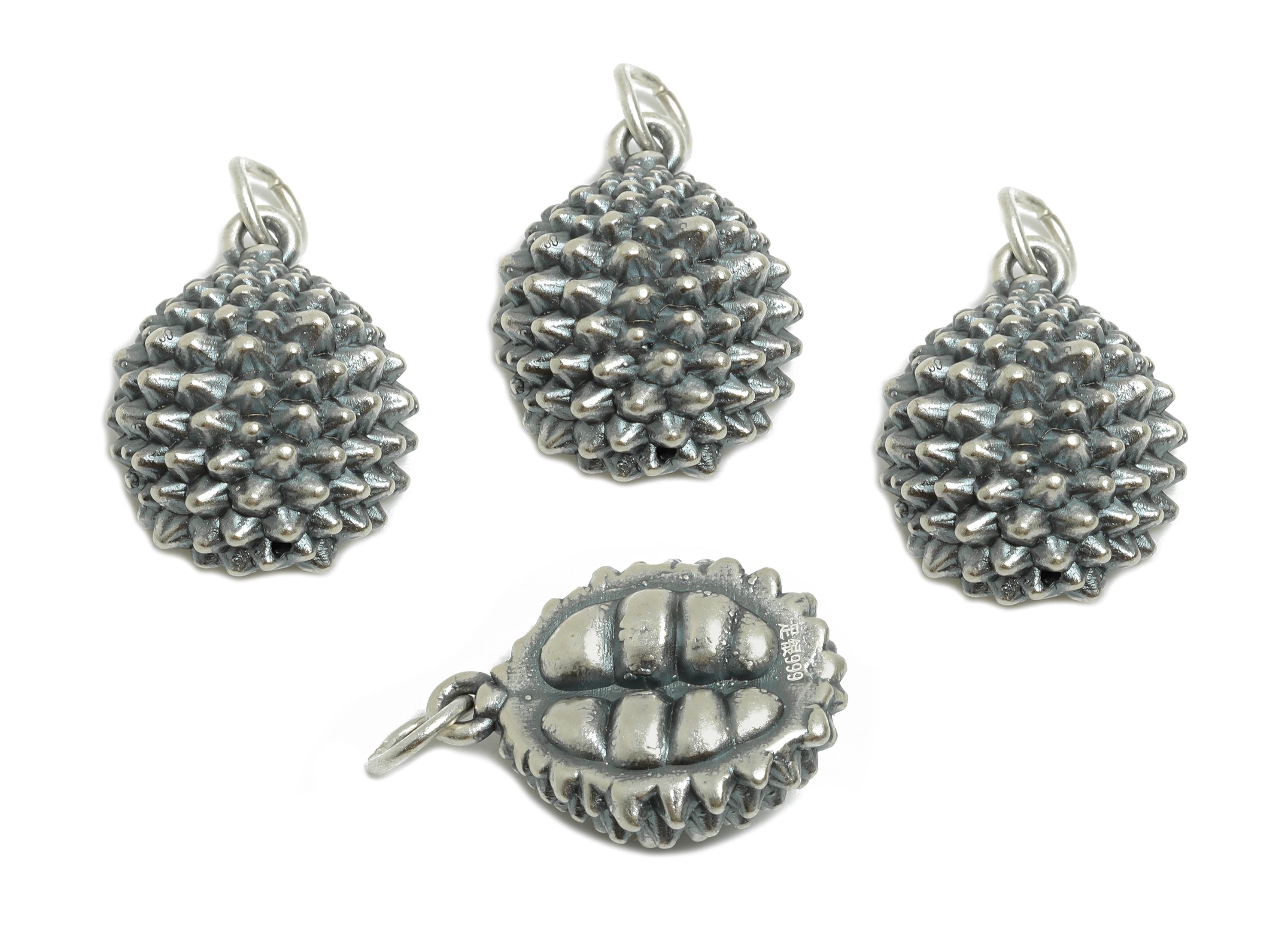 Durian Silver Charm - Figure Spiky Fruit Charm for Braided Bracelets - Novelty Jewelry Making Supplies - Pure Silver 999 - 20x15x9mm -SI1148 - DOMEDBAZAAR