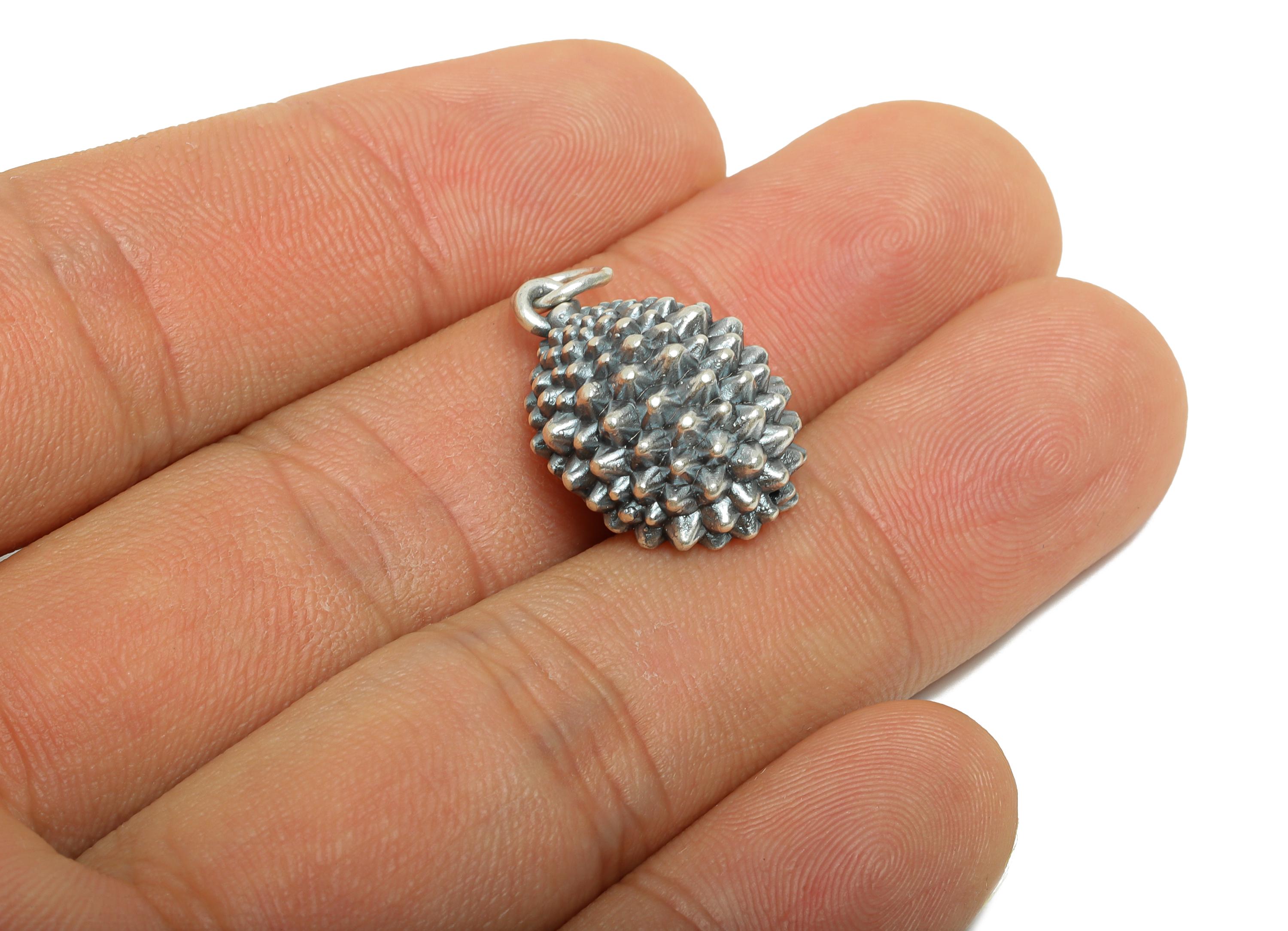 Durian Silver Charm - Figure Spiky Fruit Charm for Braided Bracelets - Novelty Jewelry Making Supplies - Pure Silver 999 - 20x15x9mm -SI1148 - DOMEDBAZAAR
