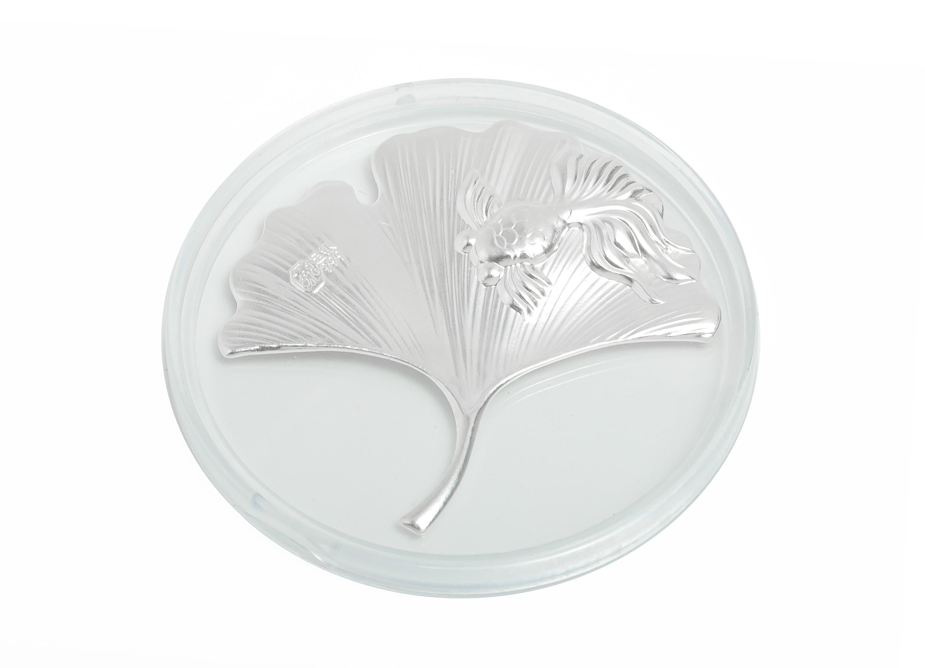 Silver Goldfish Ginkgo Relief - Pure Silver 999 - Botanical Coin Art Filigree Jewelry - Lucky Fish Collectible - 45.7x47x1.4mm - SI1115 - DOMEDBAZAAR