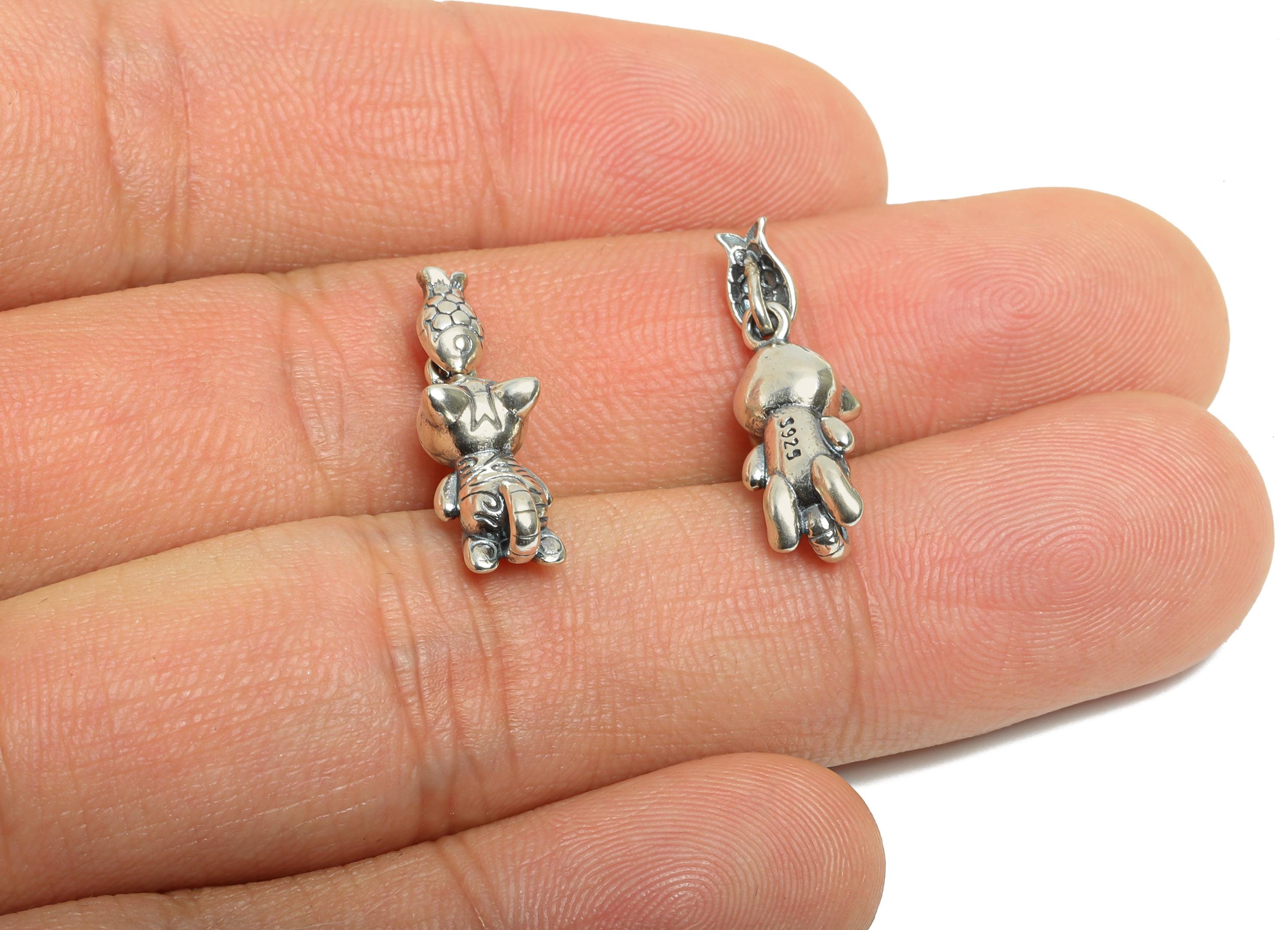 Silver Cat and Fish Pendant - Cute Animal Charm for Necklace - 925 Sterling Silver - Refined Rhodium Plating Pendant - 21x6.7x5.4mm - SI1119 - DOMEDBAZAAR