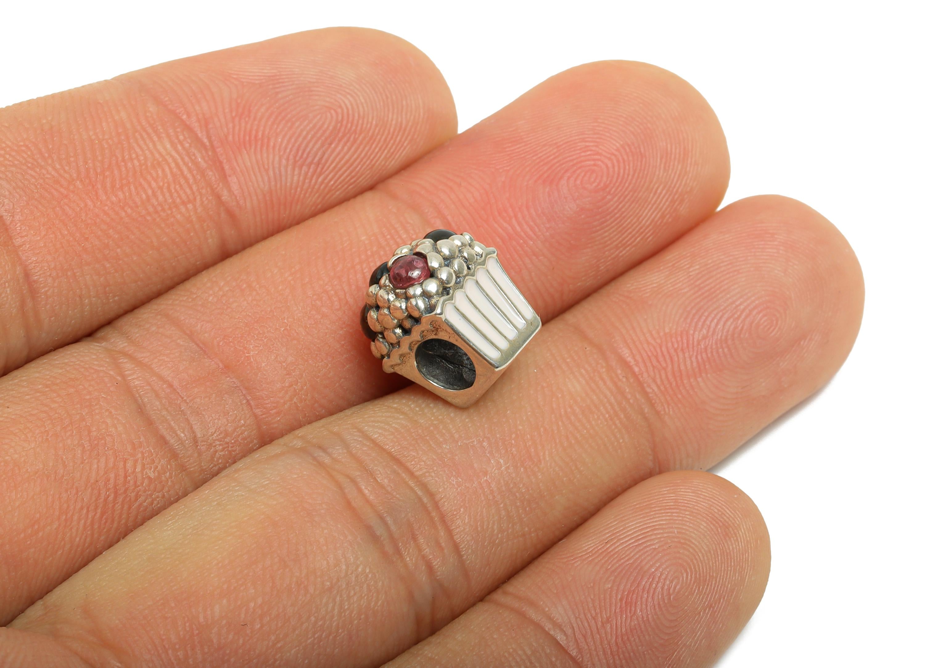 Tourmaline Cupcake Bead - Enamel Cupcake Spacer Bead - Jewelry Making Supplies - Whimsical Bead - 925 Sterling Silver - 12x10x10mm-SI1166 - DOMEDBAZAAR