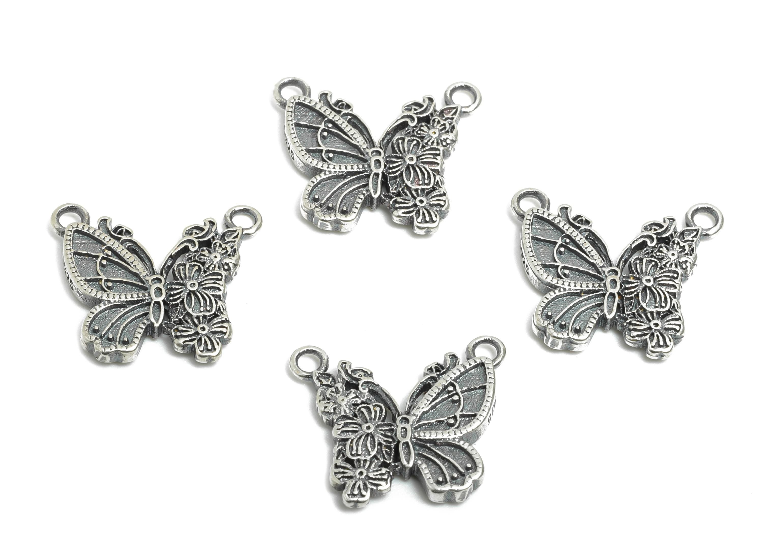 Butterfly Necklace Pendant - Vintage Insect Flower Connector for Necklace - 925 Sterling Silver - Rhodium Plated - 12x13.8x1.75mm - SI1123 - DOMEDBAZAAR