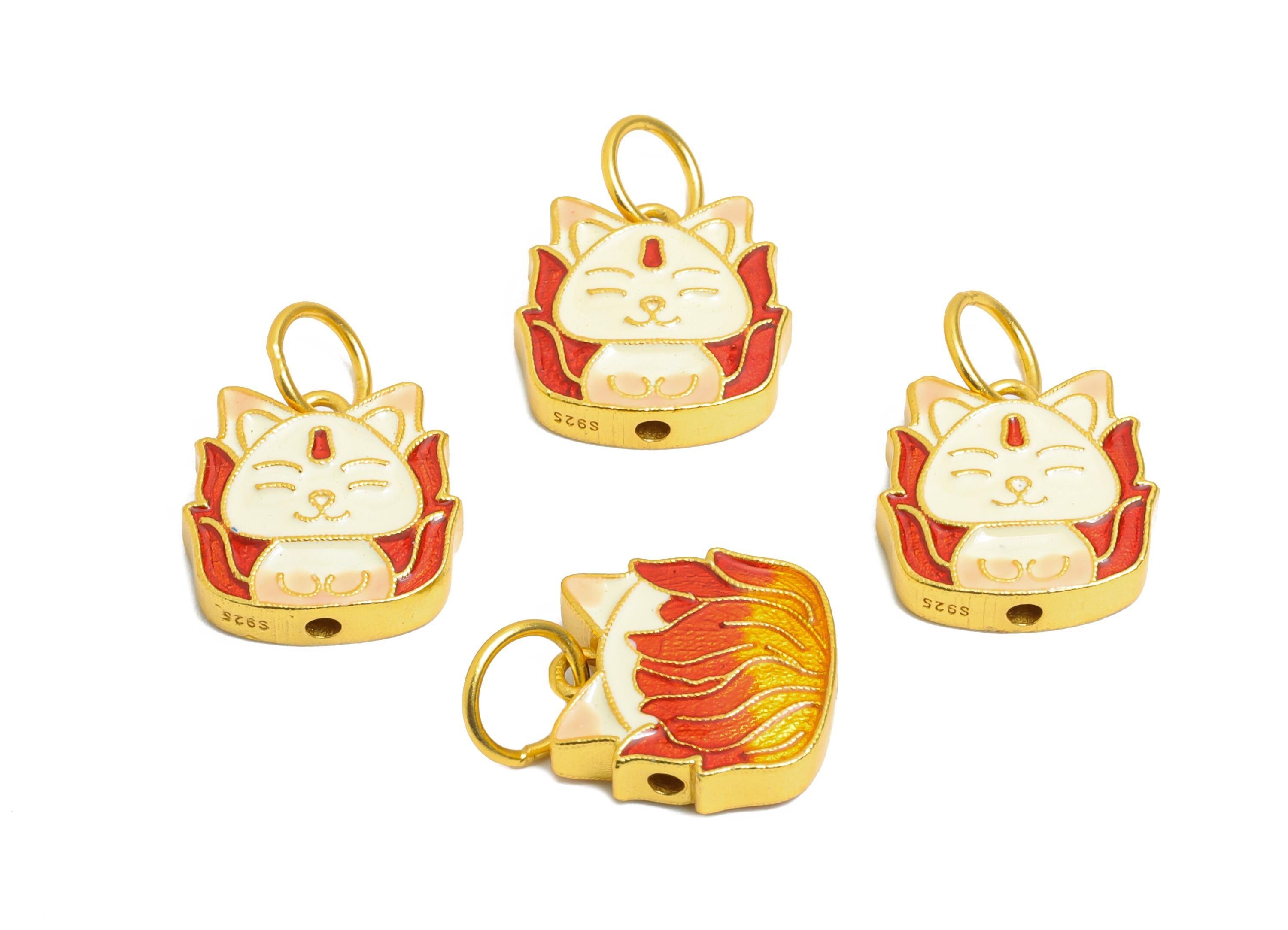 Enamel Lucky Cat Charm - Cute Fortune Cat Spacer for Bracelet - Spacer Bead - 925 Sterling Silver - KC Gold Plated - 11.9x11.6x3mm - SI1125 - DOMEDBAZAAR