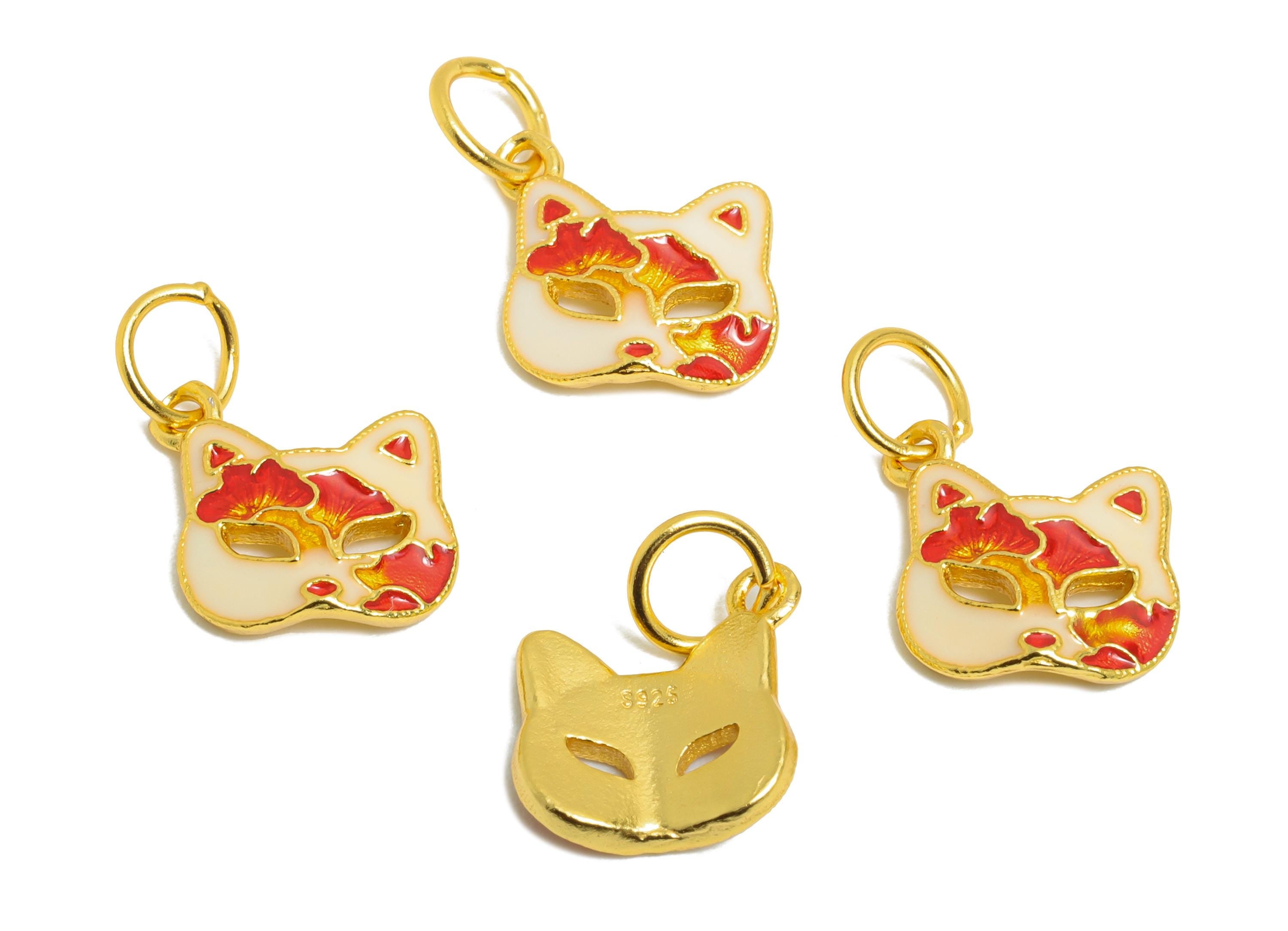 Enamel Fox Mask Charms - Colorful Animal Mask Charm for Bracelet - 925 Sterling Silver - KC Gold Tone Plated - 9.85x9.12x1.17mm - SI1126 - DOMEDBAZAAR