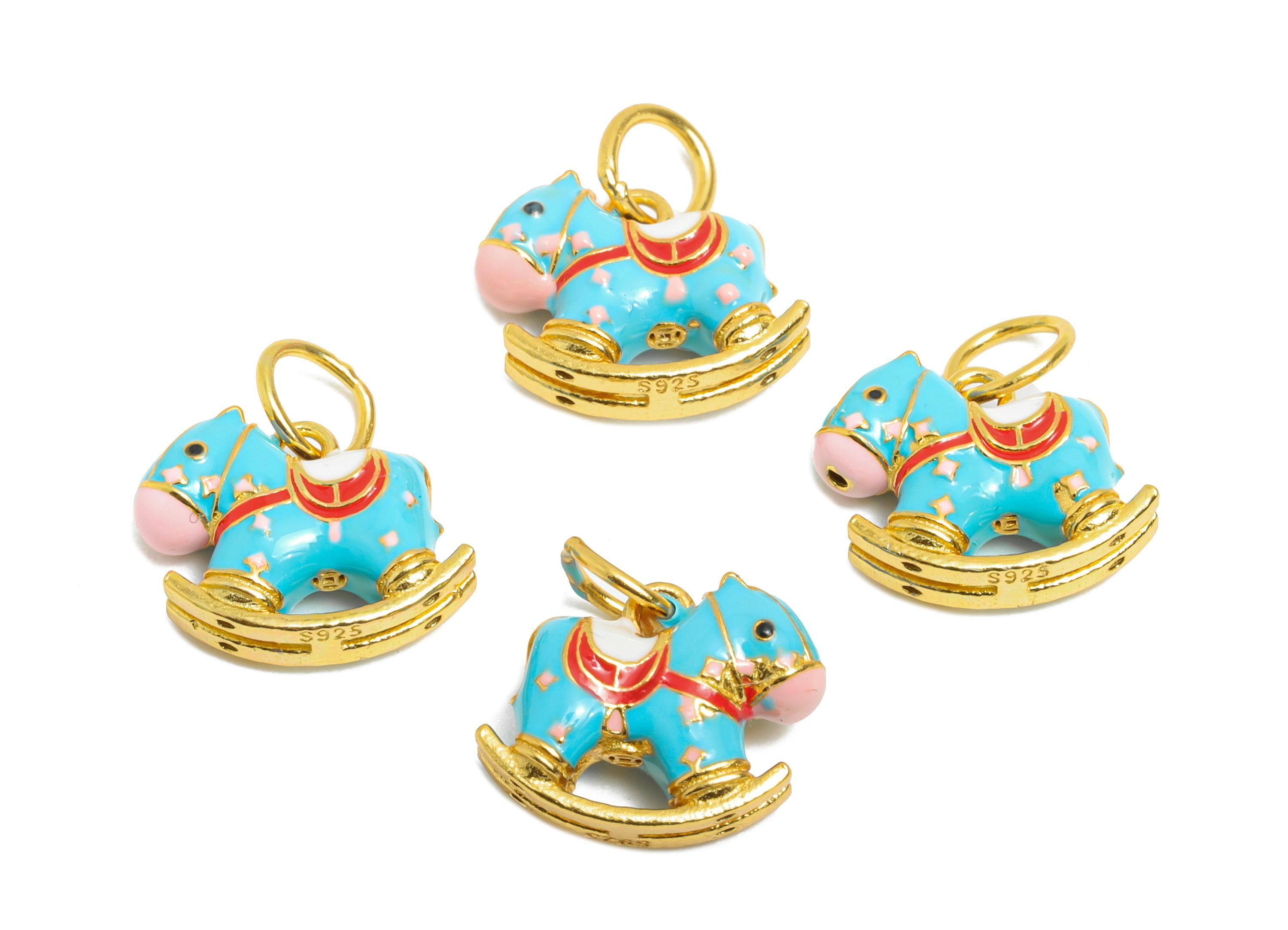 Enamel Rocking Horse Charm - Whimsical Animal Bracelet Charm for Kids - 925 Sterling Silver - KC Gold Tone Plated - 8.6x9.6x3.4mm - SI1128 - DOMEDBAZAAR