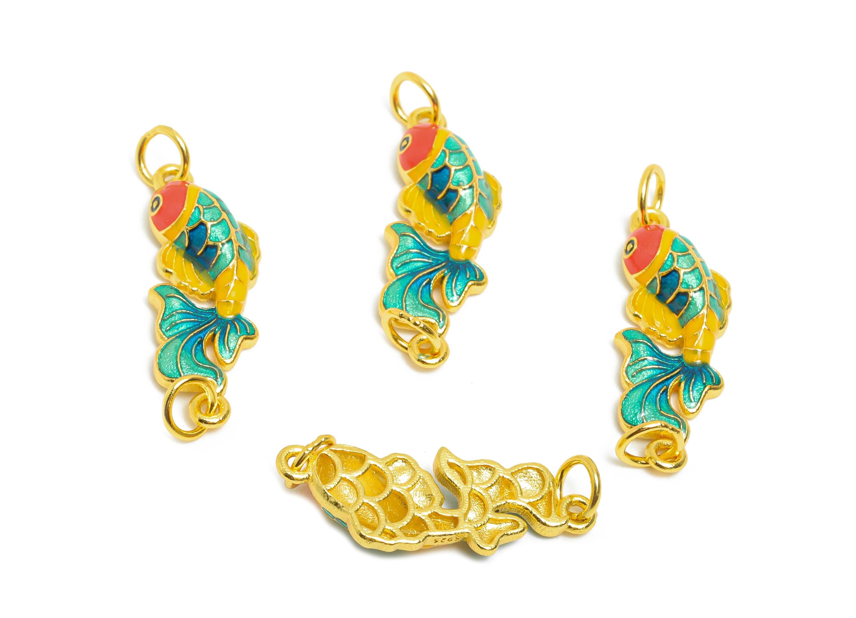 Enamel Koi Fish Charm - Colorful Cloisonné Style Pendant For Bracelet - 925 Sterling Silver - 24k Real Gold Plating - 8.6x9.6x3.4mm - SI1130 - DOMEDBAZAAR