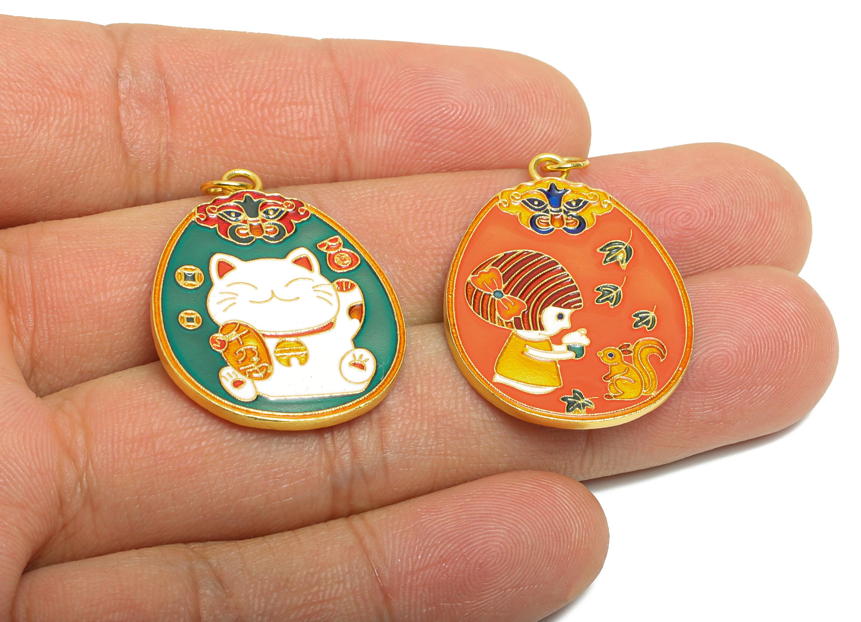 Silver Enamel Lucky Cat Pendant - Child and Squirrel Double Sided Necklace Pendant - 925 Sterling Silver - KC Gold Plated-32x23x1.5mm-SI1129 - DOMEDBAZAAR