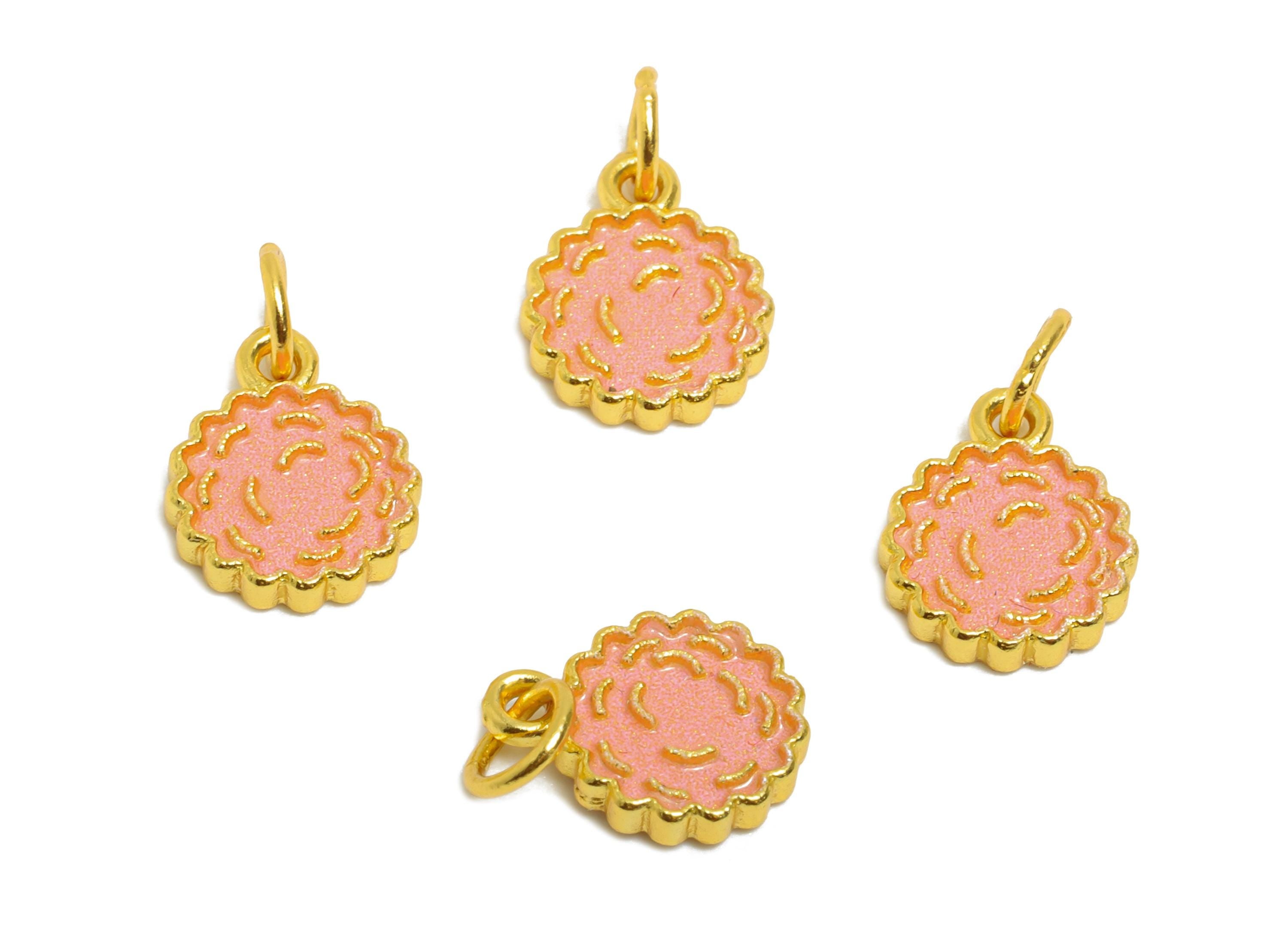 Pink Enamel Flower Charm - Gold Tone Spring Floral Charm For Bracelet - 925 Sterling Silver - 24k Real Gold Plating - 8x7.14x1.56mm - SI1134 - DOMEDBAZAAR
