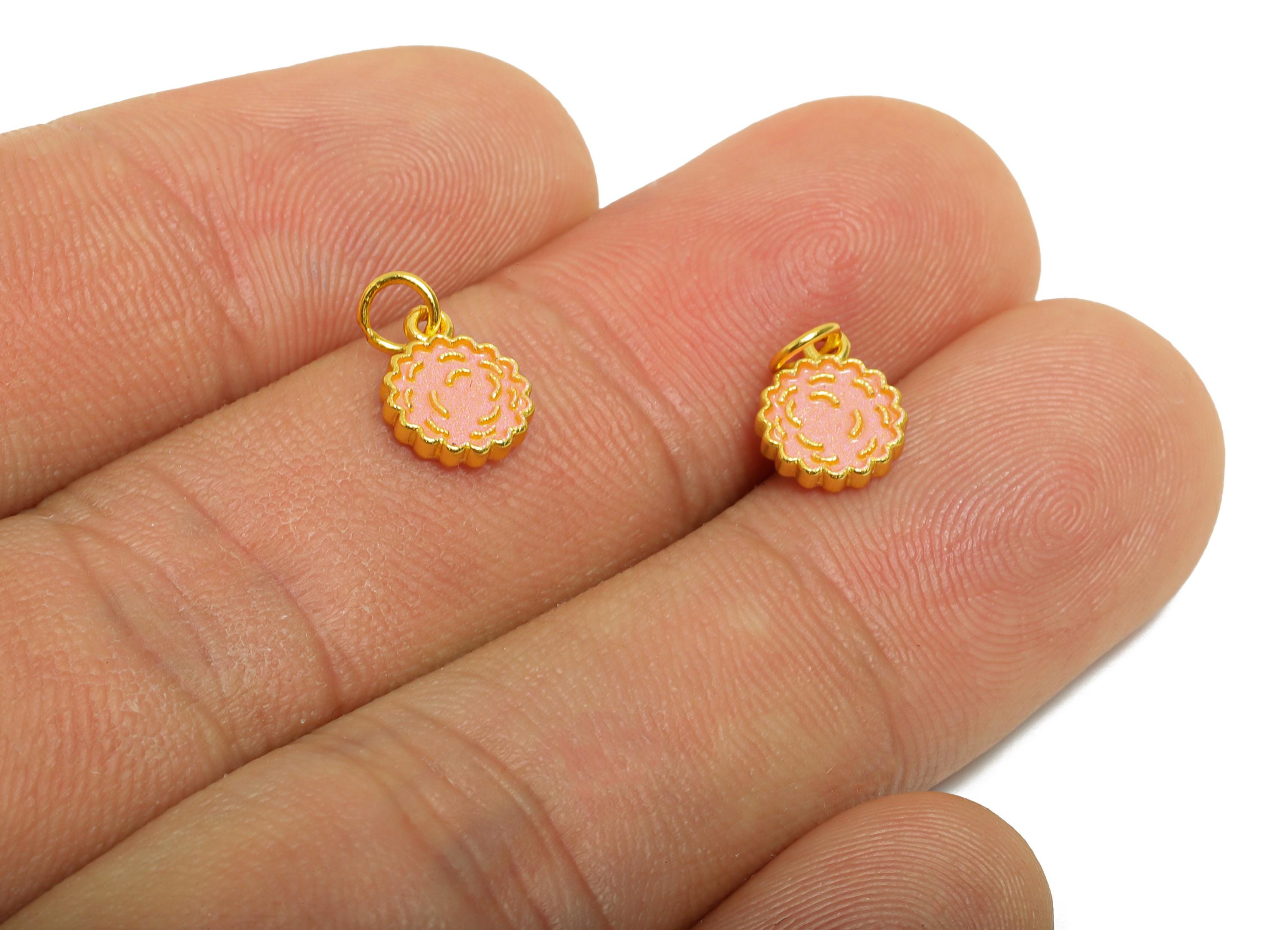 Pink Enamel Flower Charm - Gold Tone Spring Floral Charm For Bracelet - 925 Sterling Silver - 24k Real Gold Plating - 8x7.14x1.56mm - SI1134 - DOMEDBAZAAR