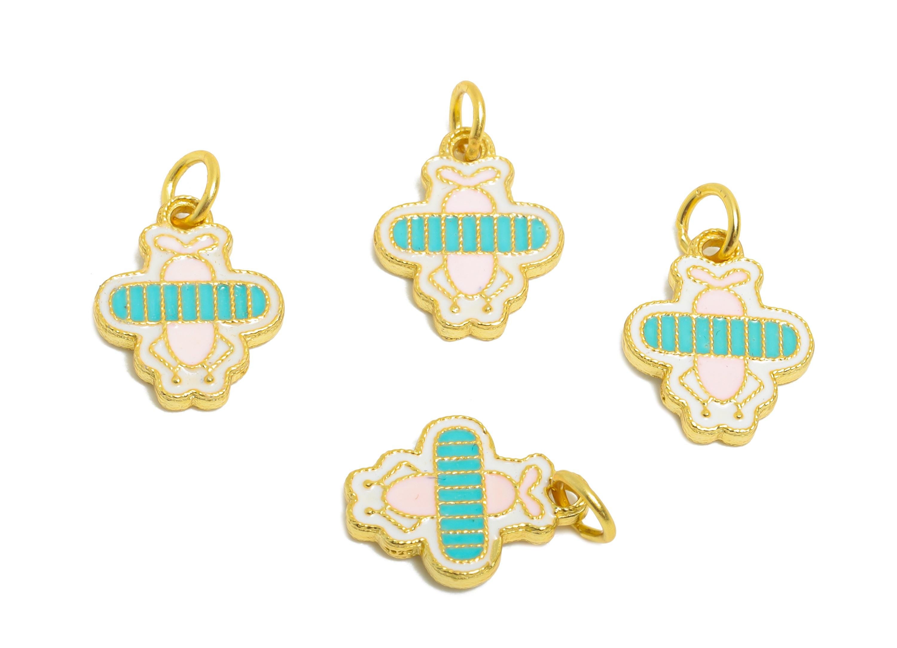 Colorful Bee Enamel Charm - Gold Tone Kawaii Bee Charm For Bracelet - 925 Sterling Silver - 24k Real Gold Plating - 11x8.93x1.35mm- SI1135 - DOMEDBAZAAR