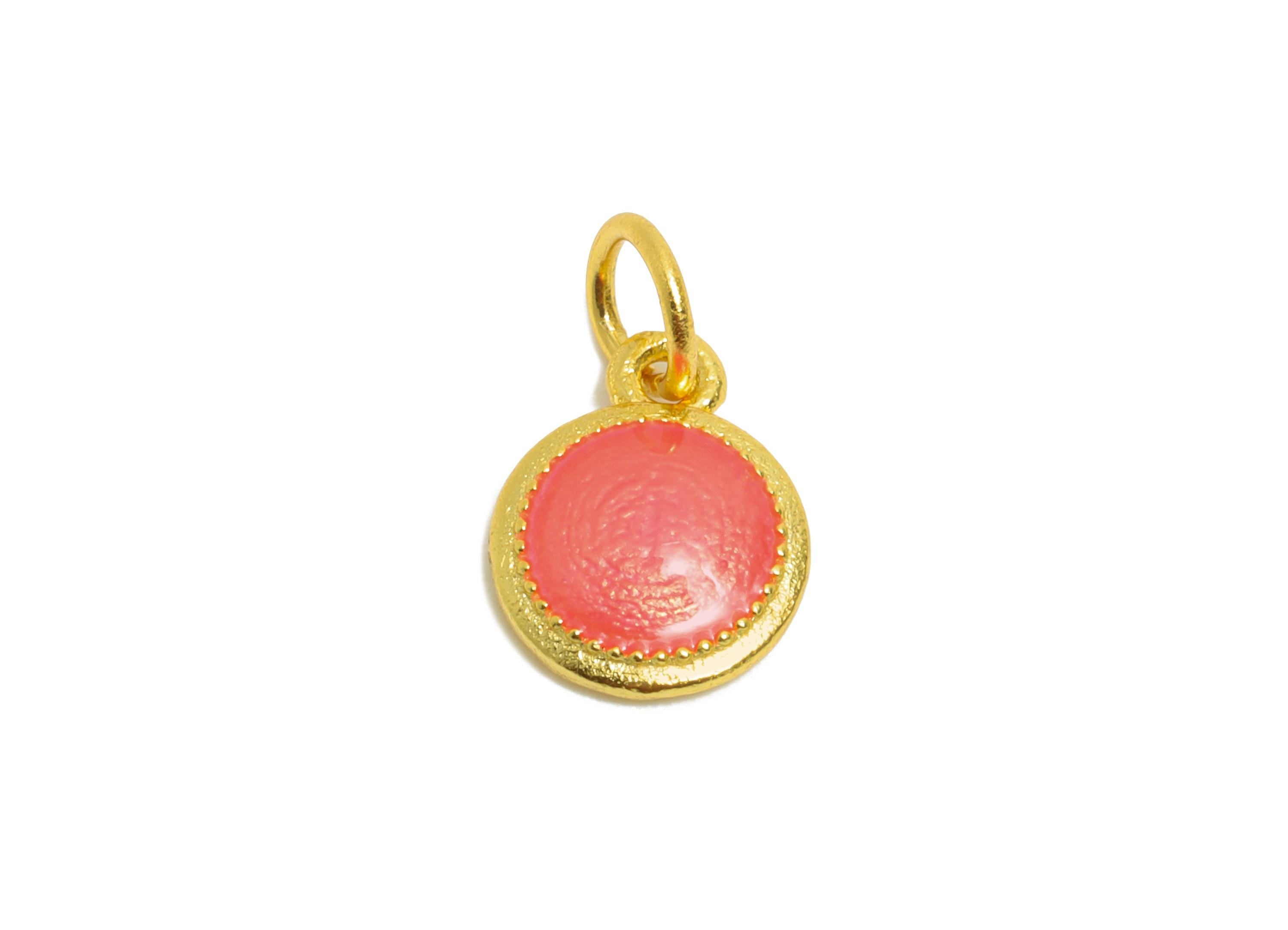 Pink Enamel Round Charm - Gold Tone Vintage Geometry Charm For Bracelet - 925 Sterling Silver - 24k Real Gold Plating - 6.55x8x1mm - SI1137 - DOMEDBAZAAR