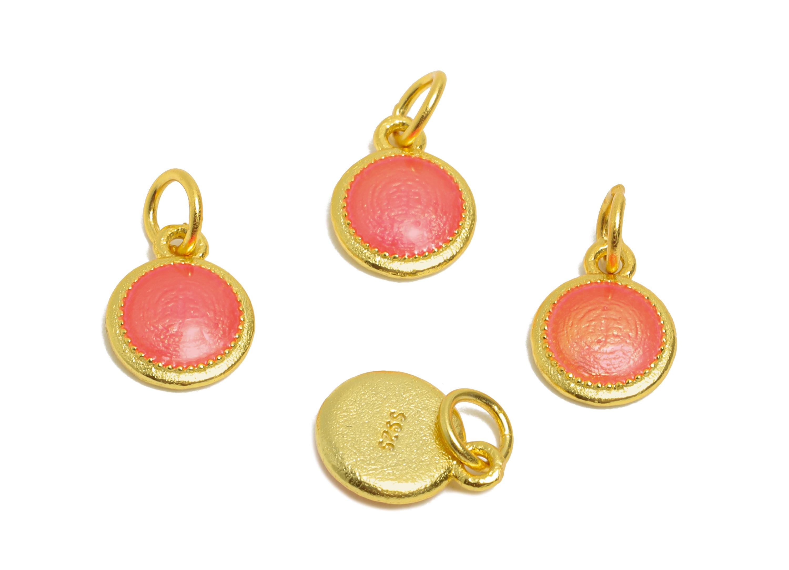 Pink Enamel Round Charm - Gold Tone Vintage Geometry Charm For Bracelet - 925 Sterling Silver - 24k Real Gold Plating - 6.55x8x1mm - SI1137 - DOMEDBAZAAR