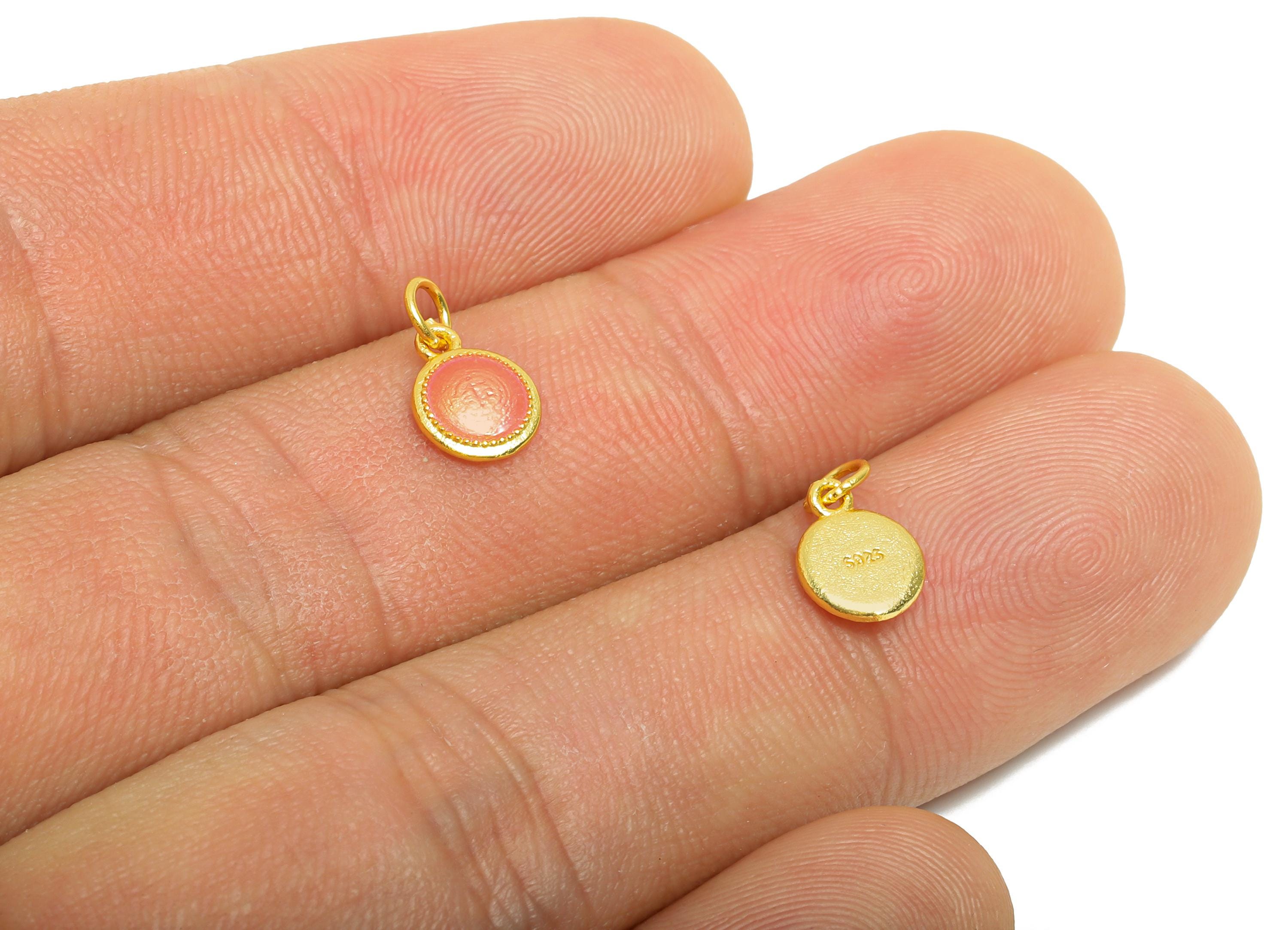 Pink Enamel Round Charm - Gold Tone Vintage Geometry Charm For Bracelet - 925 Sterling Silver - 24k Real Gold Plating - 6.55x8x1mm - SI1137 - DOMEDBAZAAR