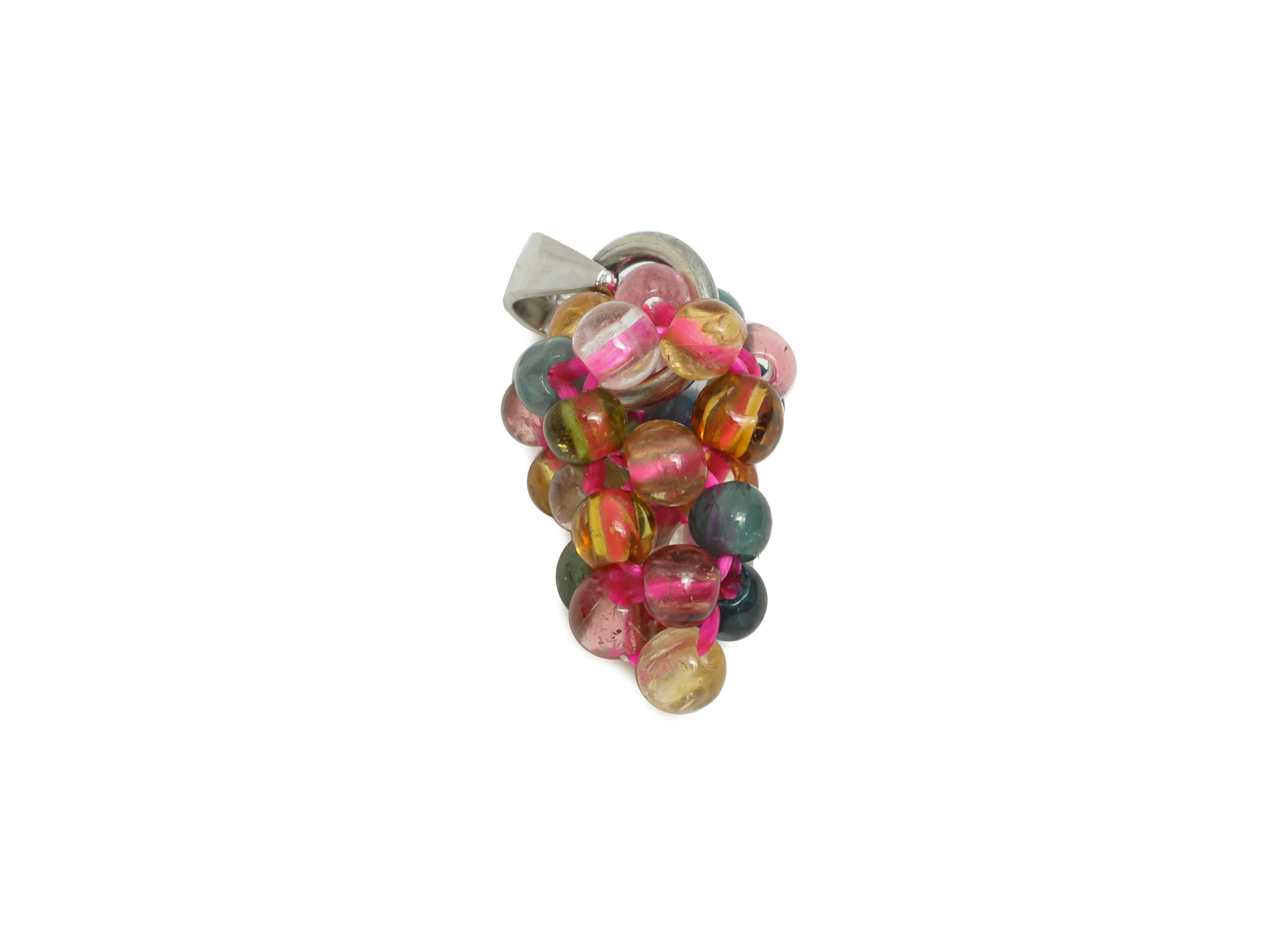 Silver Grape Cluster Pendant - Tourmaline Beaded Grape Pendant with Bail - Necklace Pendant - 925 Sterling Silver - 19x8.9x9.5mm- SI1164