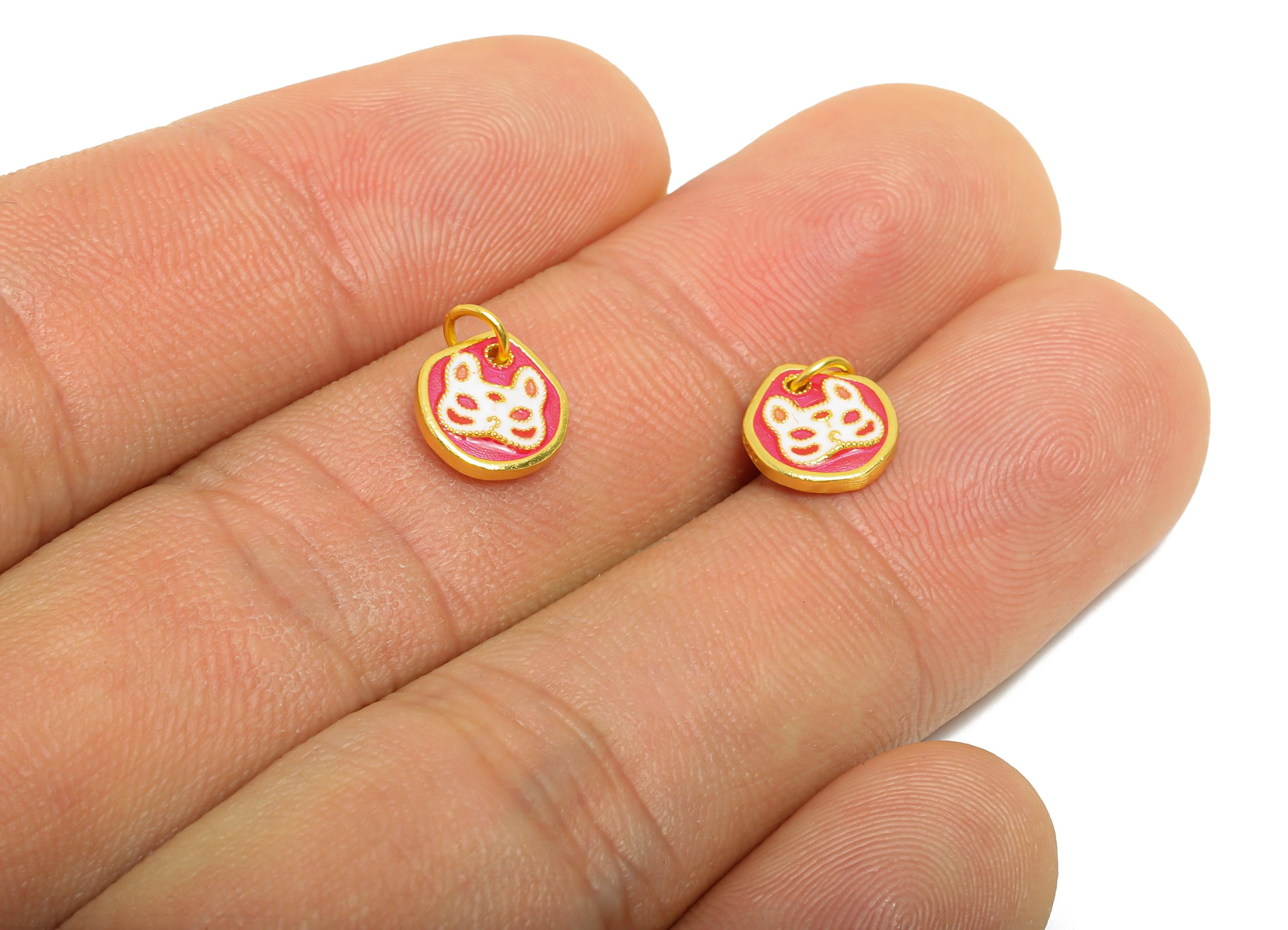 Pink Lucky Cat Charm - Handmade Enamel Japanese Cat Charm For Bracelet - 925 Sterling Silver - 24k Real Gold Plating - 8x8x2.27mm - SI1136 - DOMEDBAZAAR