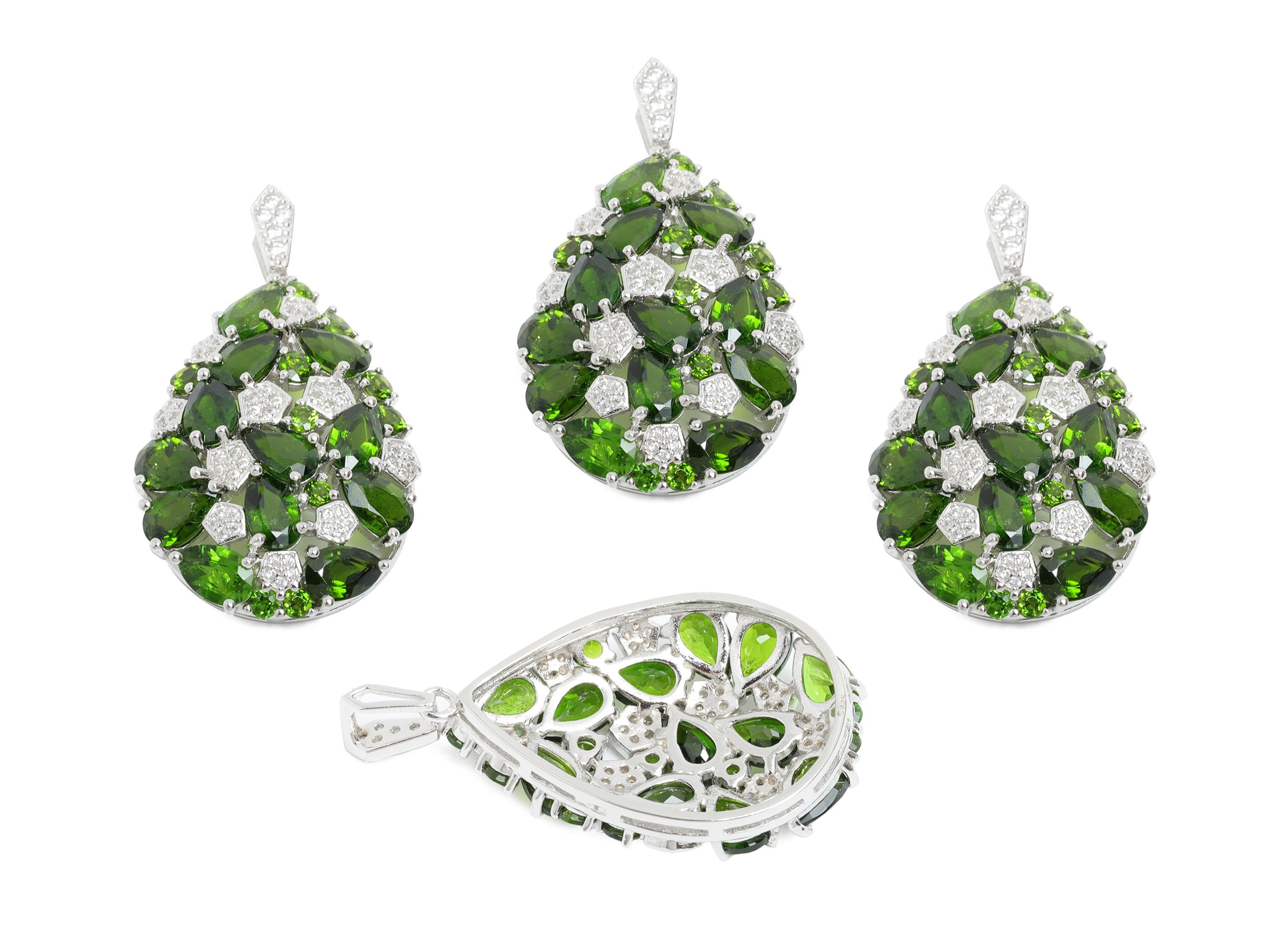 Drop Diopside Pendant - Dainty Zircon Geometry Diopside Pendant With Bail - 925 Sterling Silver - Silver Plating - 35x20x7mm - SI1184 - DOMEDBAZAAR