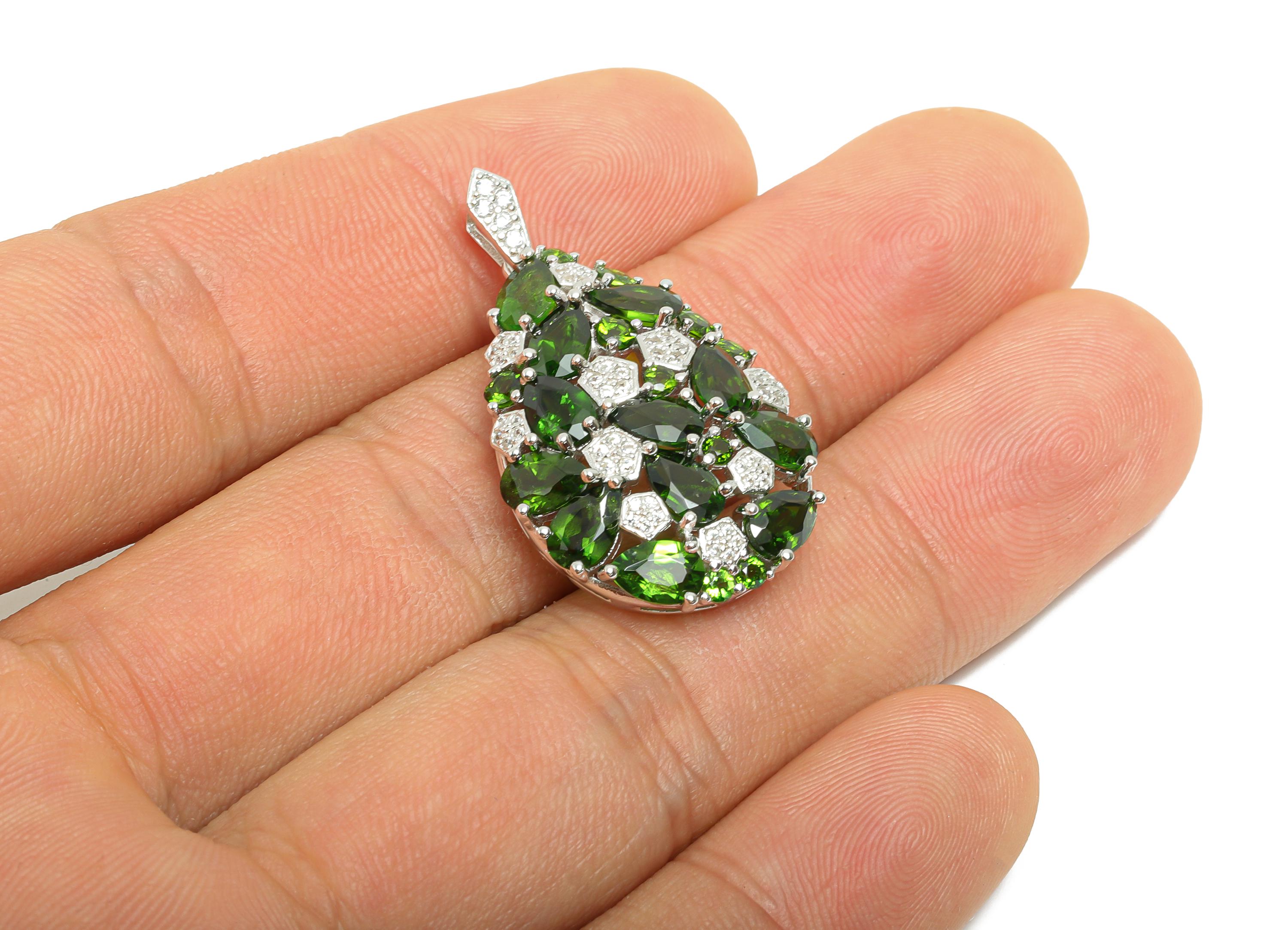 Drop Diopside Pendant - Dainty Zircon Geometry Diopside Pendant With Bail - 925 Sterling Silver - Silver Plating - 35x20x7mm - SI1184 - DOMEDBAZAAR