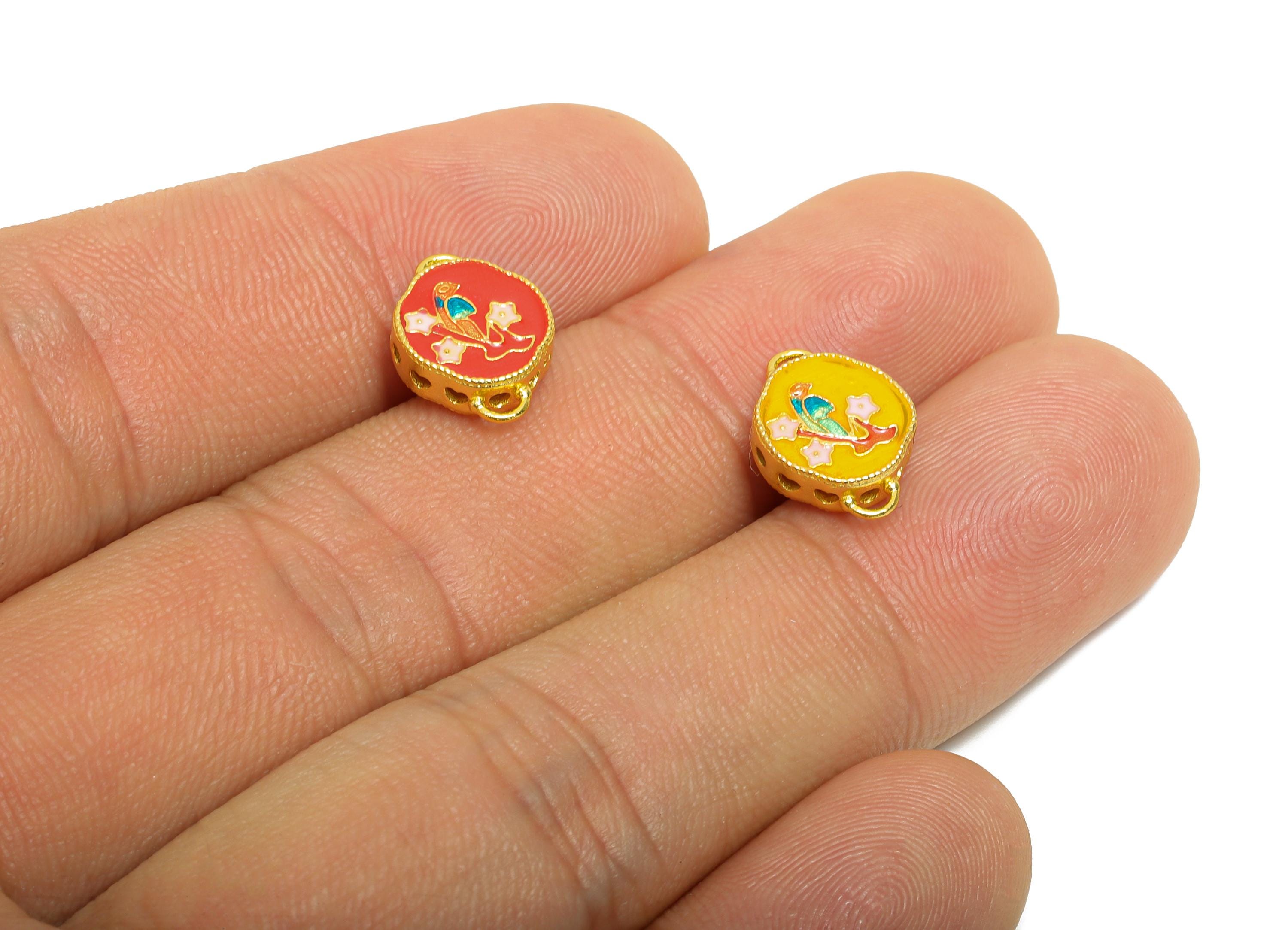 Colorful Enamel Bird Charm -Cloisonné Jewelry Charm For DIY Bracelet - 925 Sterling Silver - 24k Real Gold Plating - 10x9x1.45mm - SI1133 - DOMEDBAZAAR