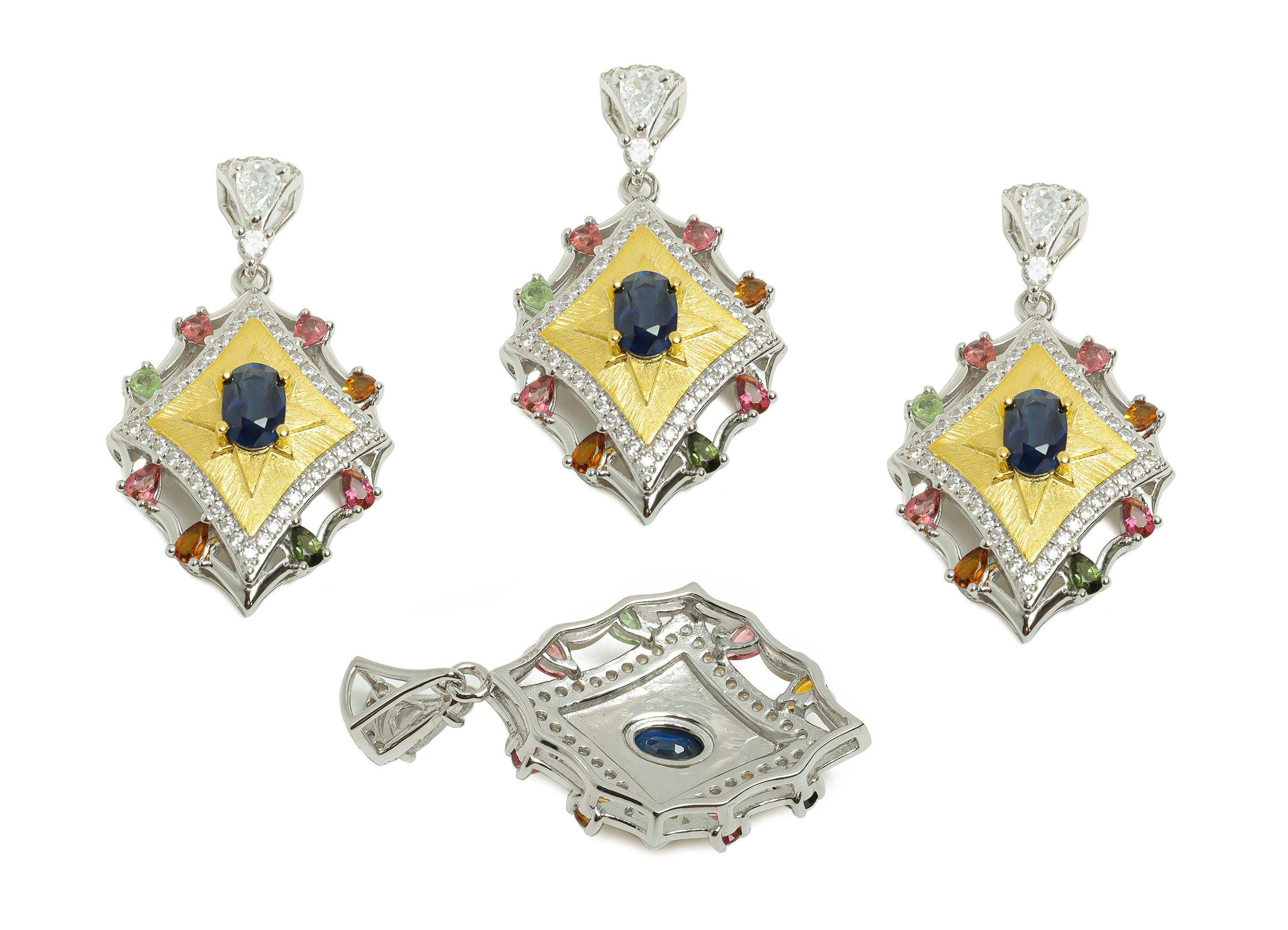 Vintage Sapphire Pendant - Tanzanite Zircon Geometry With Bail For Necklace - 925 Sterling Silver - Silver Plated - 32x18x7mm - SI1185 - DOMEDBAZAAR