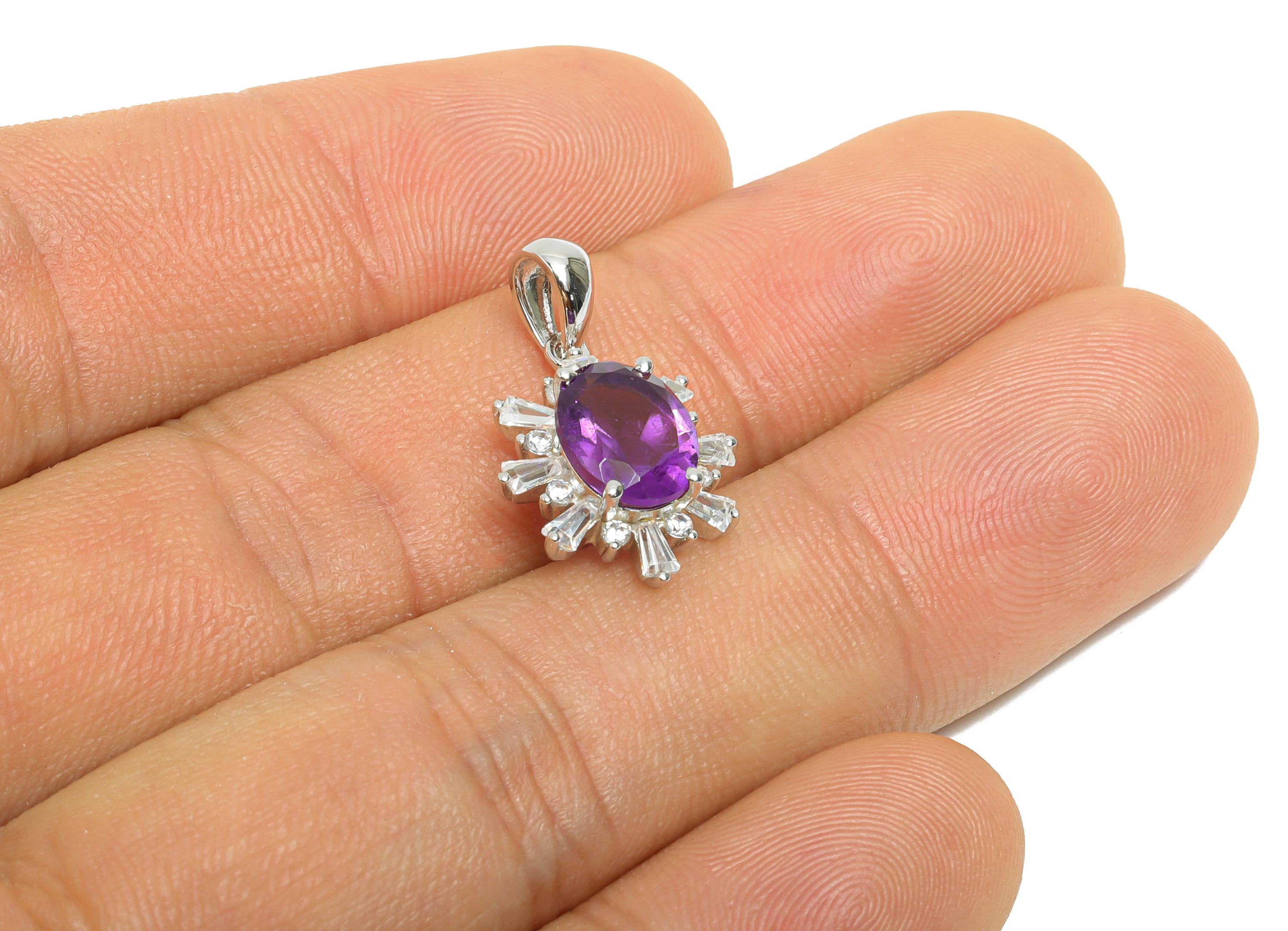 Dainty Amethyst CZ Pendant - Luxury Cubic Zircon Women’s Pendant with Bail - 925 Sterling Silver - Silver Plating - 20.9x15.7x6mm - SI1186 - DOMEDBAZAAR