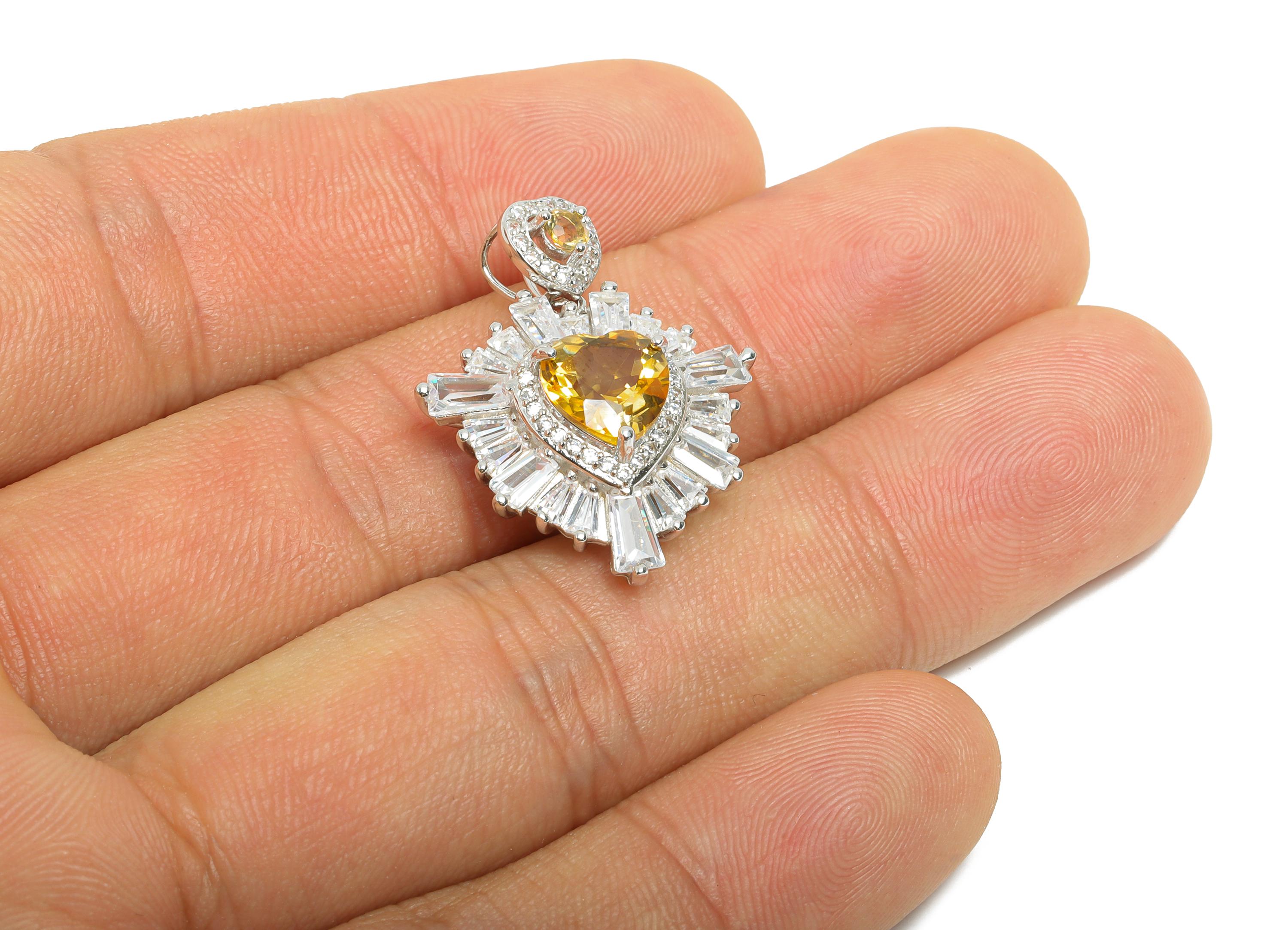 Classic Citrine Heart Pendant - Vintage Cubic Zircon Heart Charm For Necklace - 925 Sterling Silver - Silver Plating - 27x21x7.9mm- SI1176 - DOMEDBAZAAR