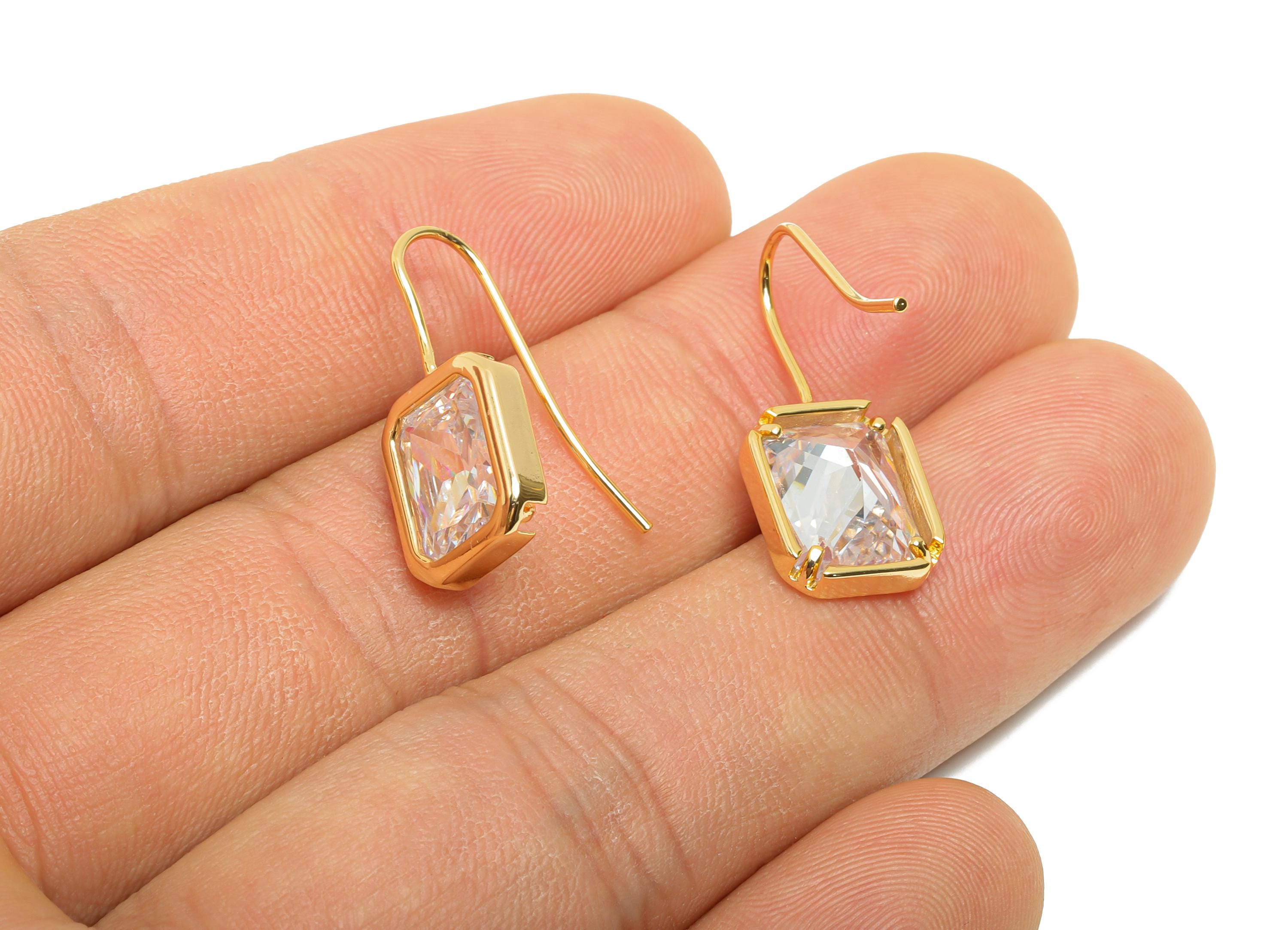 Brass Zircon Hook Earring - Geometric Faceted Zircon Ear Wire Hook - Elegant Hook Ear Jewelry Gift - 18K Gold Plated - 24x10x5mm - RGP11075 - DOMEDBAZAAR